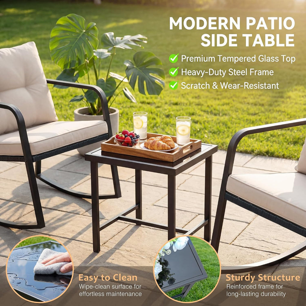 Flamaker Patio Chairs 3 Piece Wicker Rocking Chair Outdoor Bistro Sets with Coffee Table and Cushions Metal Frame Patio Furniture for Porch, Balcony, Lawn (White)