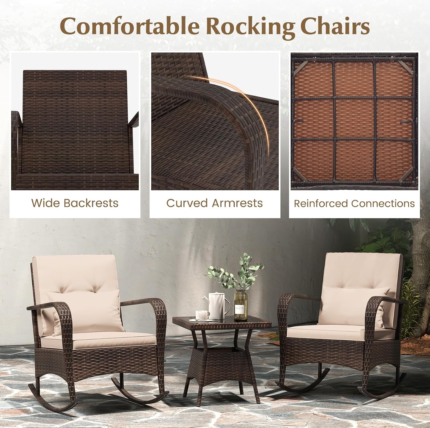 Tangkula 3 Pieces Rocking Bistro Set, Patiojoy Outdoor PE Rattan Rocker Chairs with Removable Cushions & Tempered Glass Top Coffee Table, Outdoor Wicker Furniture Set for Porch, Garden (Brown)