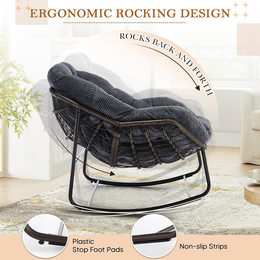 Outdoor Indoor Rocking Chair with Padded Cushion, Oversized Patio Papasan Rocking Egg Chair, All Weather Wicker Egg Rocking Chair, Comfy Large Rattan Rocker Lounge Chair for Front Porch,Garden, Patio