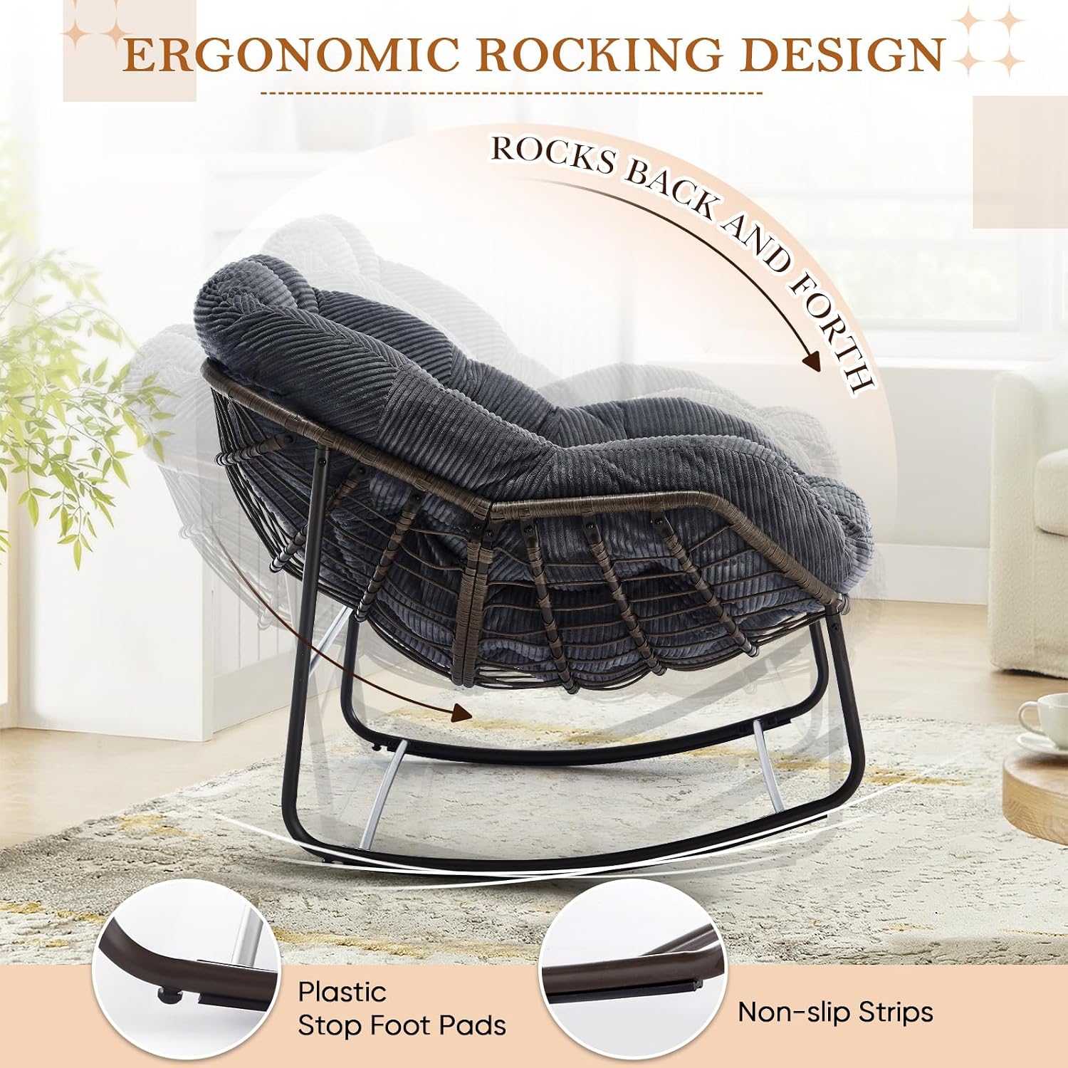 Outdoor Indoor Rocking Chair with Padded Cushion, Oversized Patio Papasan Rocking Egg Chair, All Weather Wicker Egg Rocking Chair, Comfy Large Rattan Rocker Lounge Chair for Front Porch,Garden, Patio