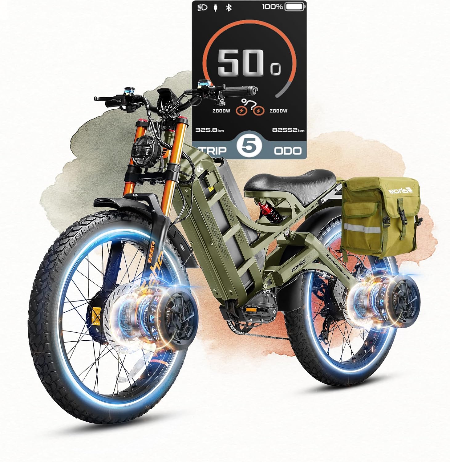 eAhora 2026 Romeo Pro 3 50MPH Electric Bike for Adults 5600W Dual Motor E Bike 60V/80Ah 250 Miles Long Range Electric Bicycle,26 * 4.0 Fat Tire Full Suspension Electric Mountain Bike Delivery Commute