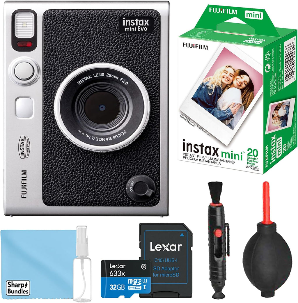 Fujifilm Instax Mini EVO Hybrid Instant Camera (Black) with 32GB Micro SD Memory Card + 20 Instant Film Sheets+ Cleaning Accessories Bundle