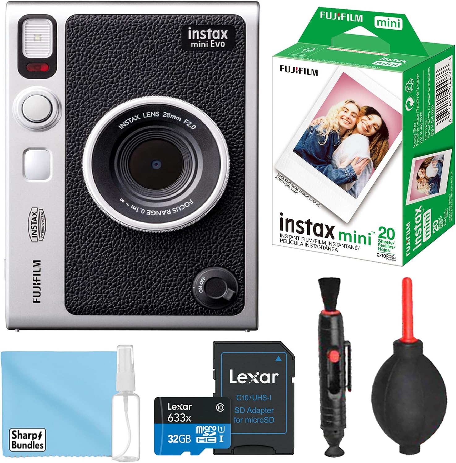 Fujifilm Instax Mini EVO Hybrid Instant Camera (Black) with 32GB Micro SD Memory Card + 20 Instant Film Sheets+ Cleaning Accessories Bundle