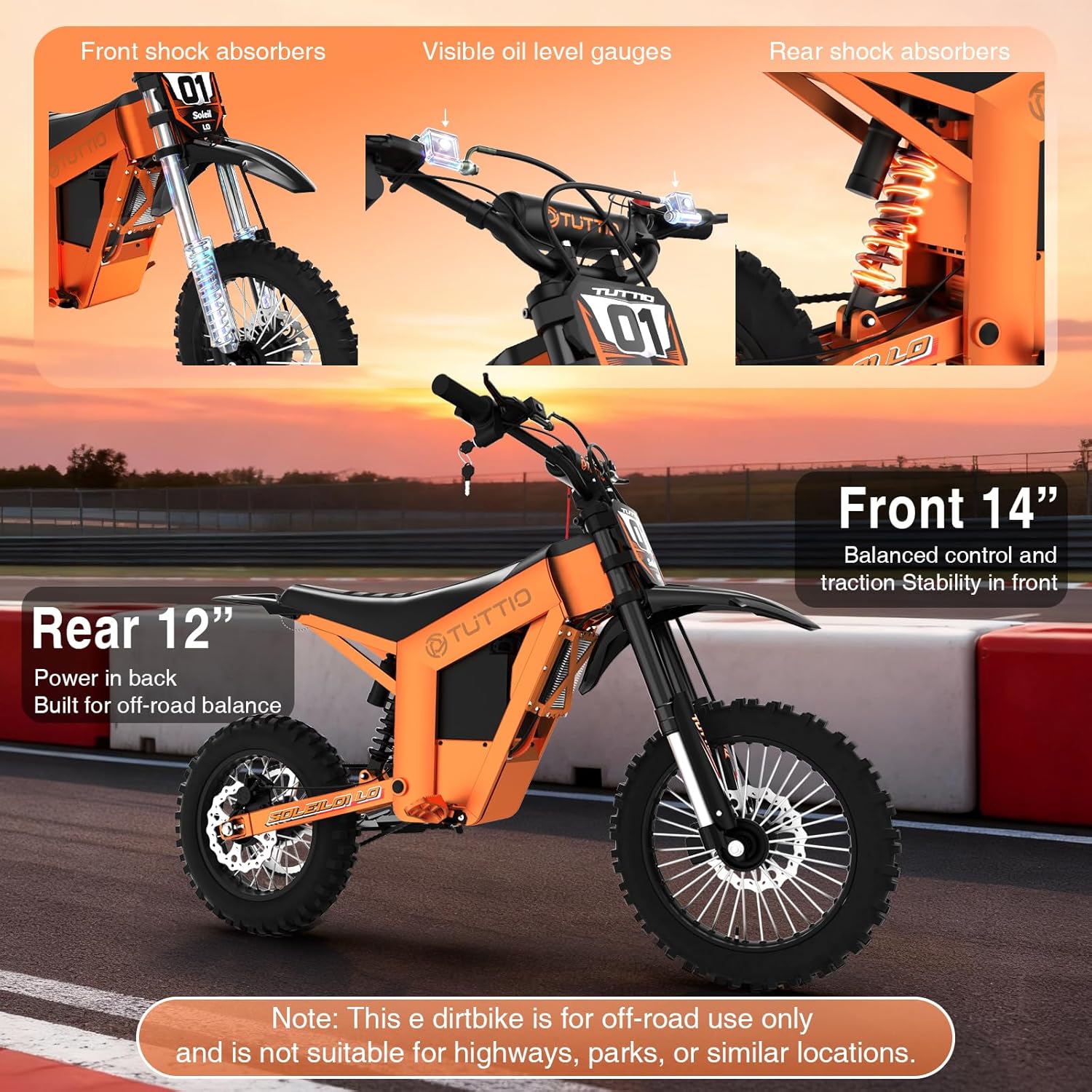 TUTTIO Soleil01-LO 3000W Mid-Drive Electric-Dirt-Bike for Teens & Adults - 37MPH, 220Nm, 48V 21Ah Removable Battery, Full Suspension Off-Road Electric Motorcycle, 14'/12' Tires for Mountain Adventure