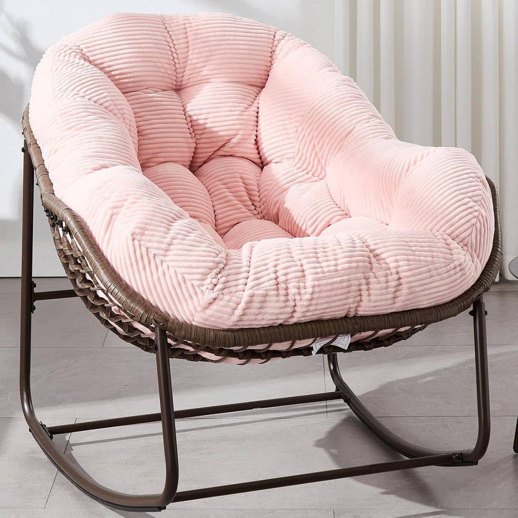 HRVEOCEI Papasan Rocking Chair with Cushion and Frame, Oversized Rocking Chair Indoor/Outdoor, Circle Chairs for Patio Garden Front Porch, Corduroy/Velvet (Pink)