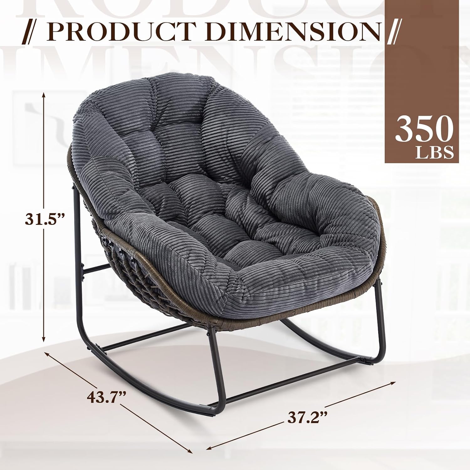 Oversized Indoor Rocking Chair, Comfy Corduroy Rocking Papasan Chair with Thick Cushion and Frame, Large Wicker Rocker Egg Chair Reading Chair for Living Room, Bedroom, Lounge,Balcony,Grey