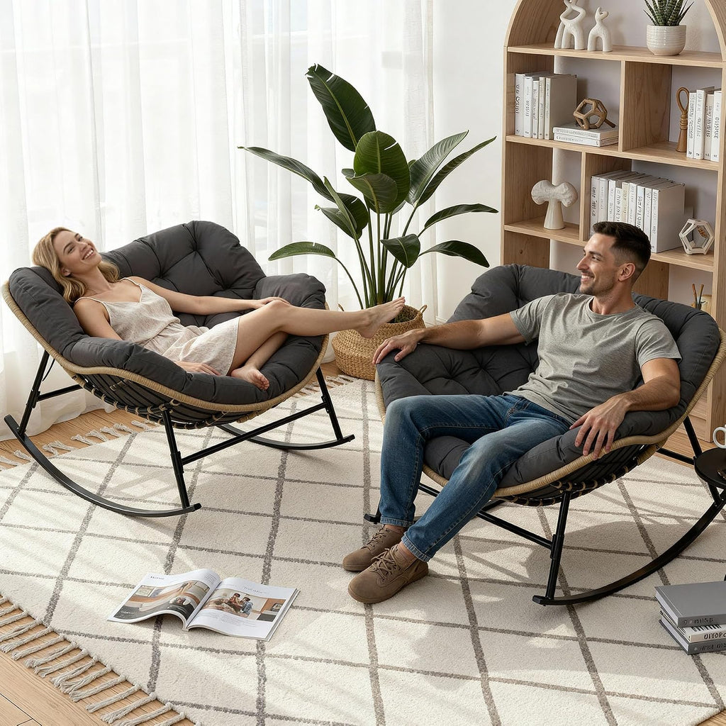 NICESOUL Indoor Outdoor Double Padded Rocking Chair with Cushion, Oversized Patio Papasan Rocker, 450Lbs Capacity Heavy Duty Comfy Egg Glider, 2 Person Wide Cozy Recliner Lounge Chair, Grey