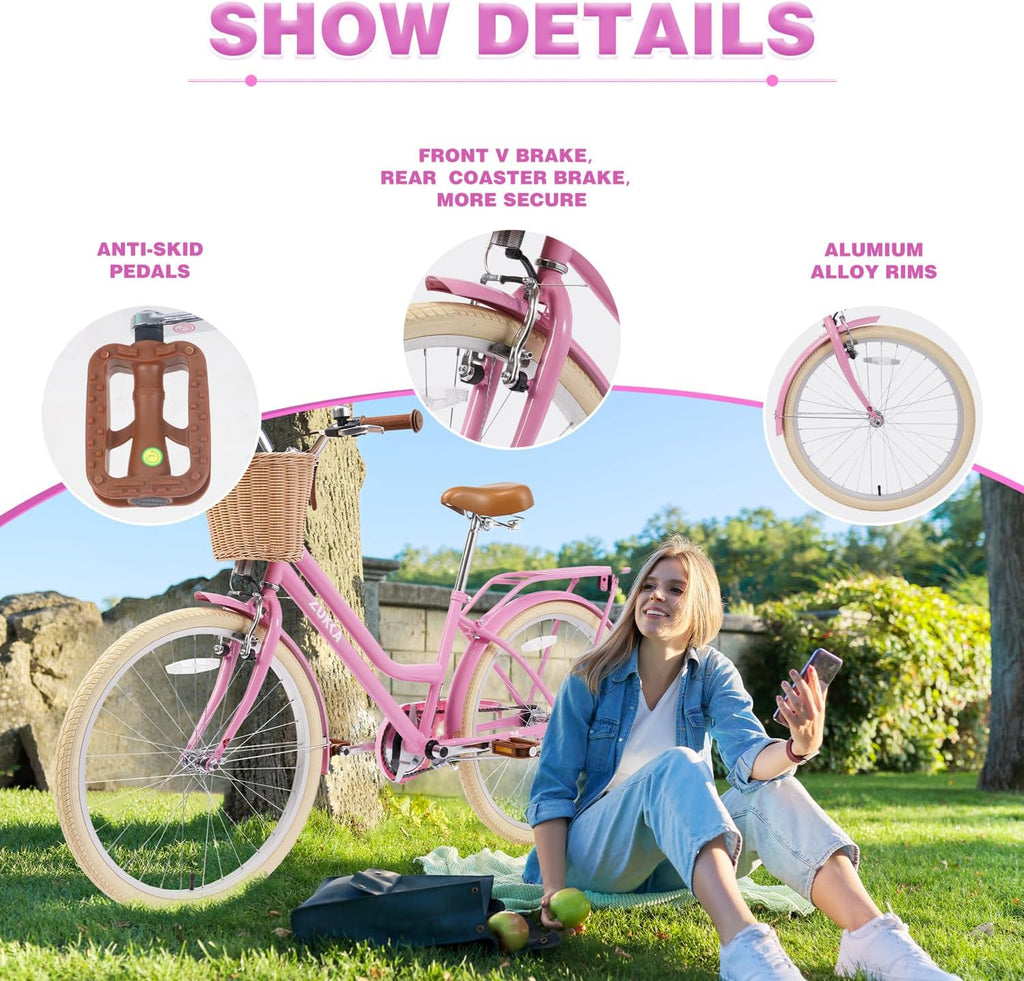 24 Inch Girls Bike ，Girls Bike with Basket for 10+ Years Old Kids，No Training Wheels Included ，Single Speed,Multiple Colors
