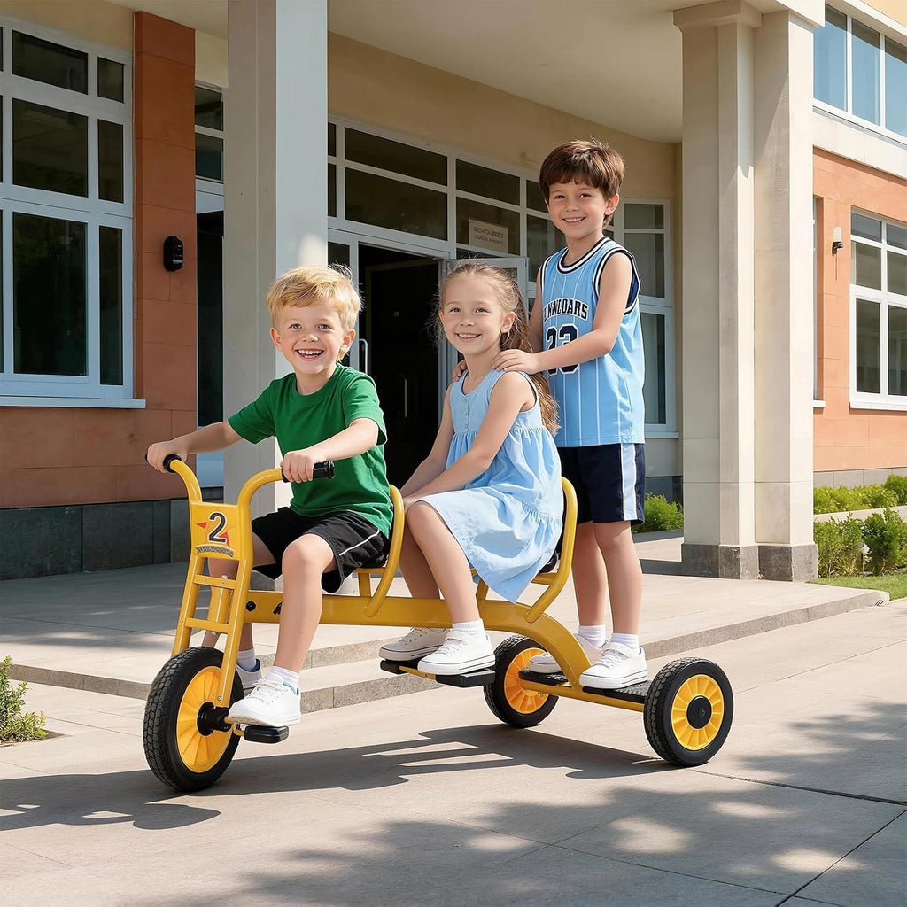 Kids Tricycle for Toddler Ages 3+, Preschool Kids Trike Bike with Non-Slip Pedal and Airless Rubber Wheels, Outdoor Playground Daycare Kid's Balance Bike, Gift for Boys and Girls (Tandem-Yellow)