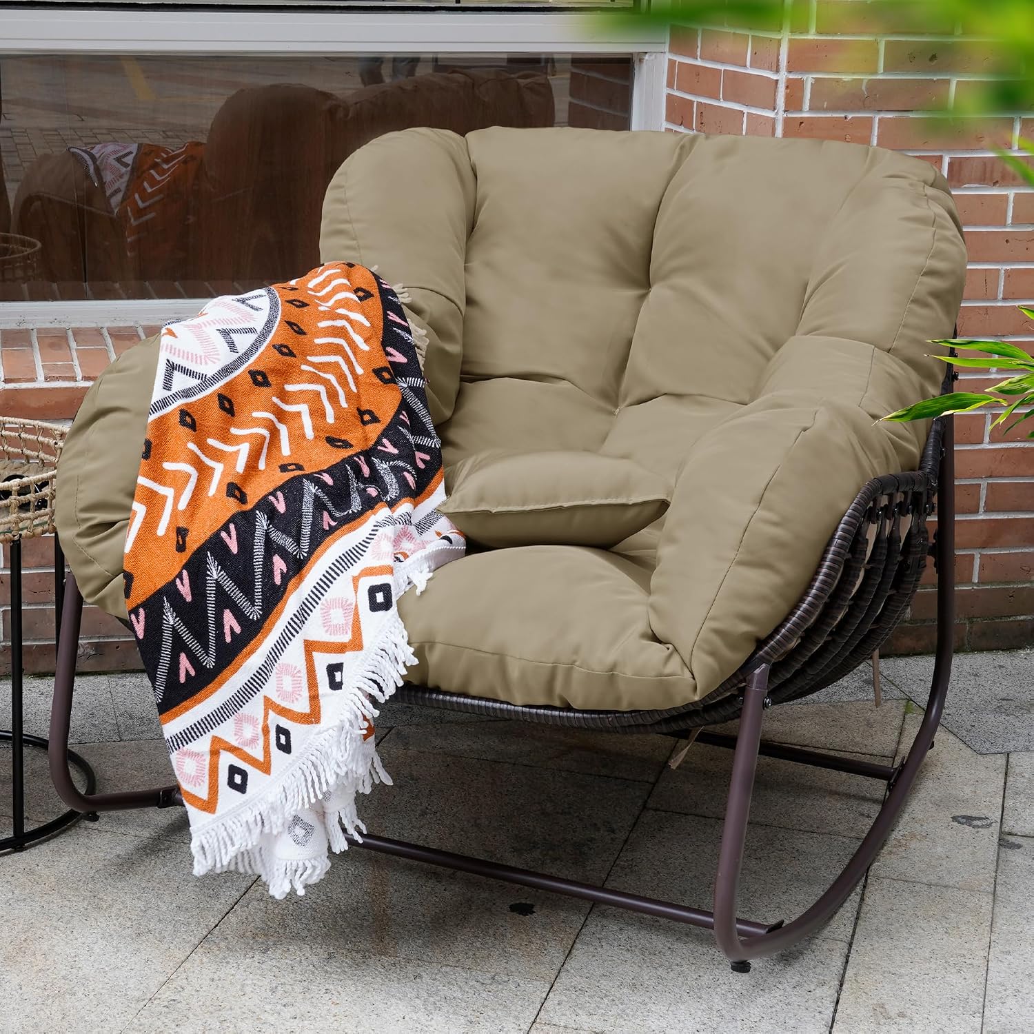 Outdoor Papasan Rocking Chair, Oversized Patio Rocking Chairs with Padded Cushion& Pillow-Comfortable Rocker Egg Chair for Front Porch, Garden, Patio, Backyard,2PC,Khaki