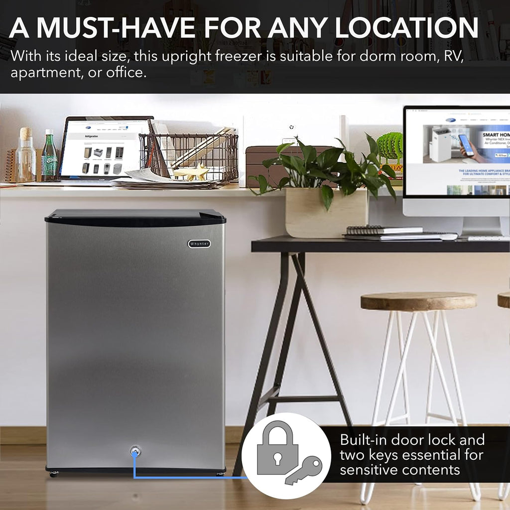 Whynter Upright Freezer with Lock, 3 Cu. Ft. Small Freezer Mini Freezer for Bedrooms, Dorms, Garages, Offices CUF-301SS, Stainless Steel, Energy Star