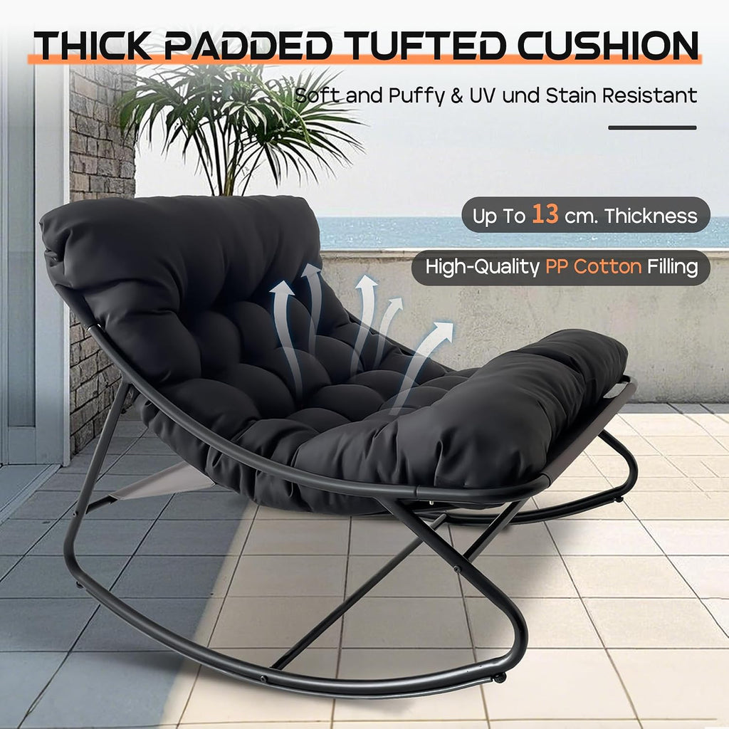 Outdoor Papasan Rocking Chair with Cushion, Oversized Rocking Chair with Ottoman, Modern Cozy Lounge Rocker Chair, Comfy Egg Chairs for Indoor Balcony Porch Patio, Black