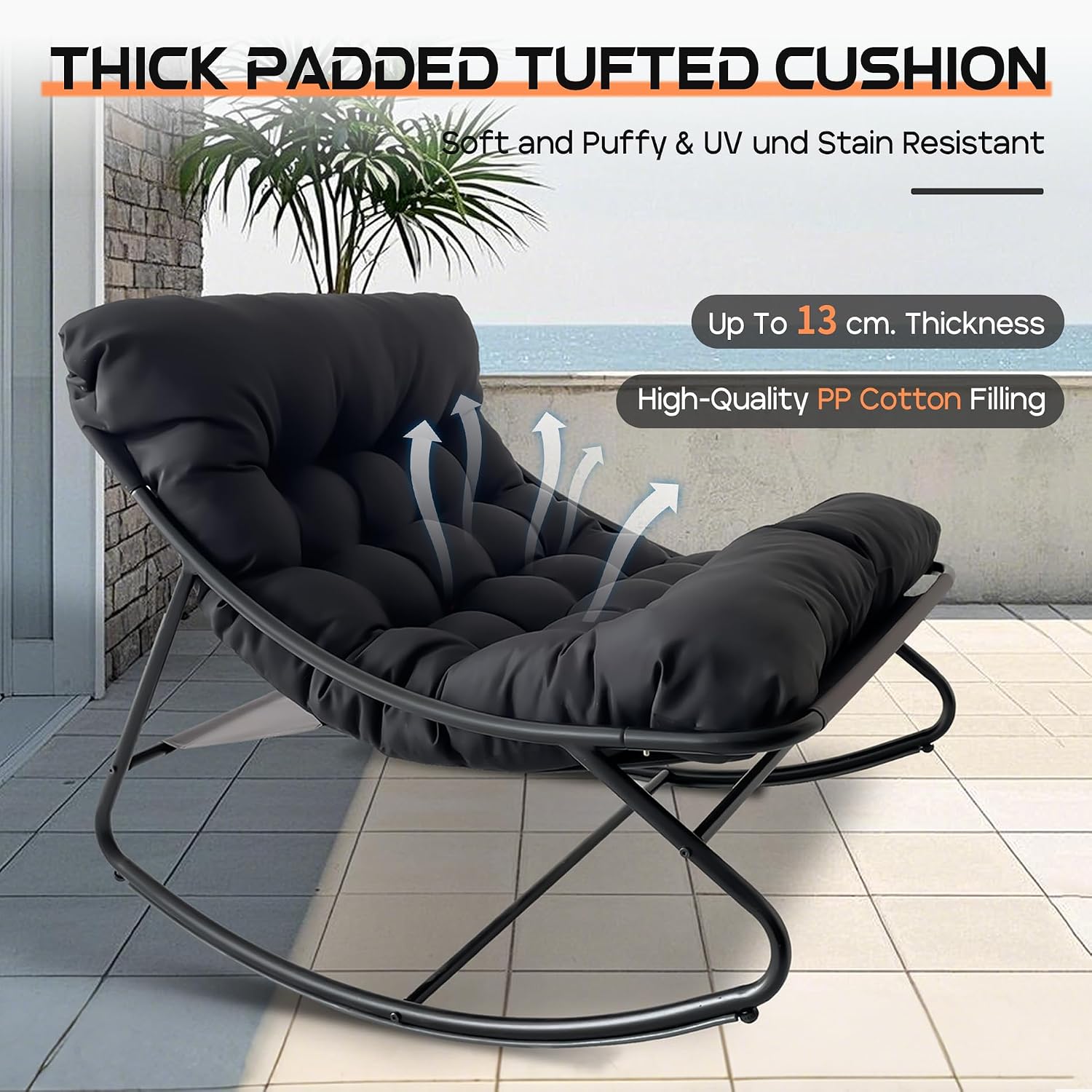 Outdoor Papasan Rocking Chair with Cushion, Oversized Rocking Chair with Ottoman, Modern Cozy Lounge Rocker Chair, Comfy Egg Chairs for Indoor Balcony Porch Patio, Black