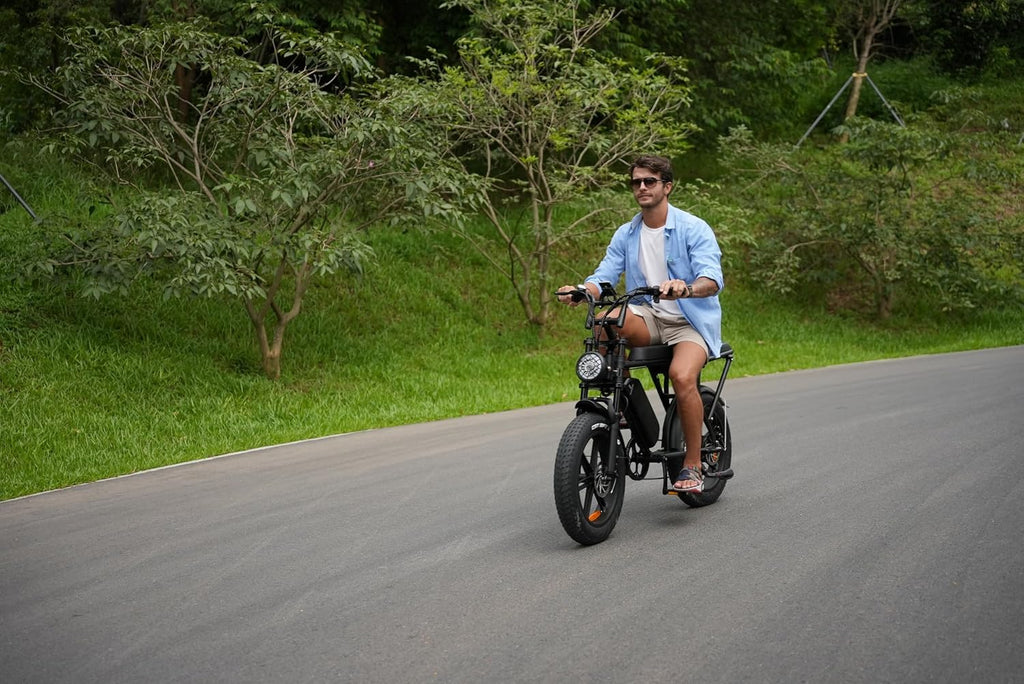 Hipatoo V8/V8 MAX Electric Bike for Adults, Long Seat Dirt Bike with 20' Fat Tire, E-Bike 2 Seater Max 31MPH, 15/30AH Battery, Moped Style Ebike for Snow, Mountains, Road, Dual Disc/Hydraulic Brakes