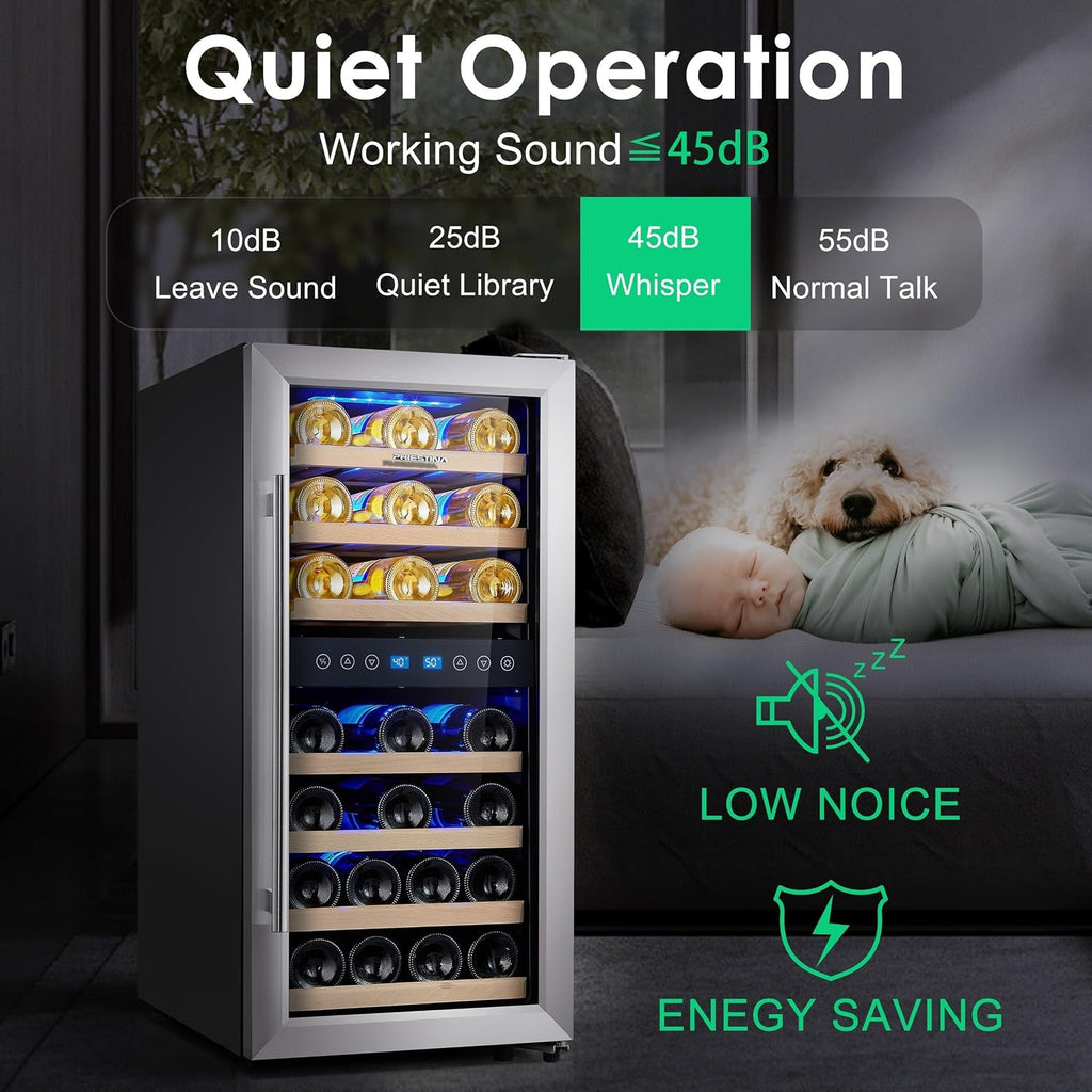 Wine Fridge 15/16 Inch 33 Bottle Dual Zone Wine Cooler, 40-66℉ Freestanding Glass Door Wine Refrigerator with 7 Wooden Shelves, Blue LED Light for Red/White