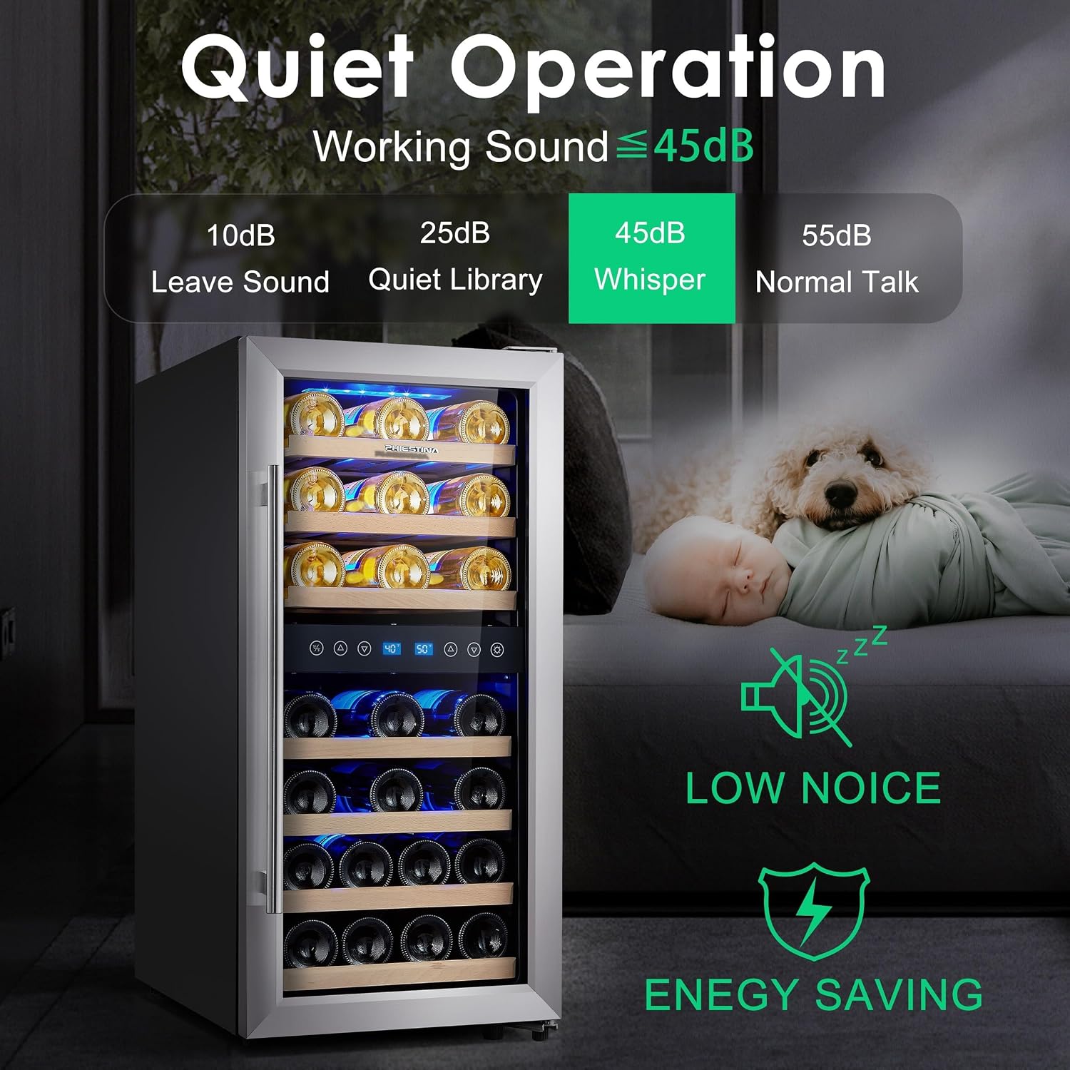 Wine Fridge 15/16 Inch 33 Bottle Dual Zone Wine Cooler, 40-66℉ Freestanding Glass Door Wine Refrigerator with 7 Wooden Shelves, Blue LED Light for Red/White
