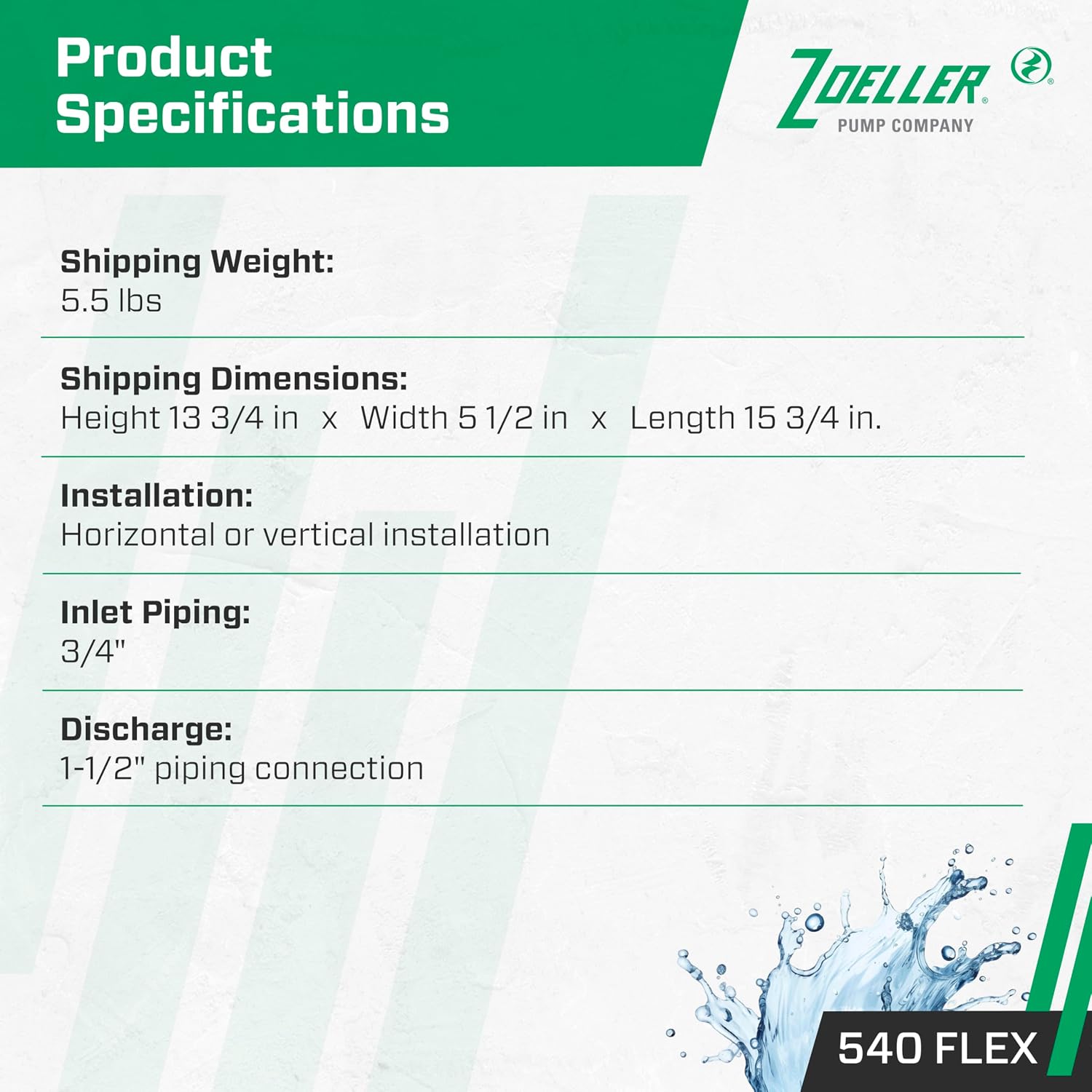 Zoeller 540 FLEX Water-Powered Backup Sump Pump System – No Battery or Electricity Required - Installs Horizontally or Vertically - Works During Sump Pump Failure - ¾″ Inlet / 1-½″ Discharge
