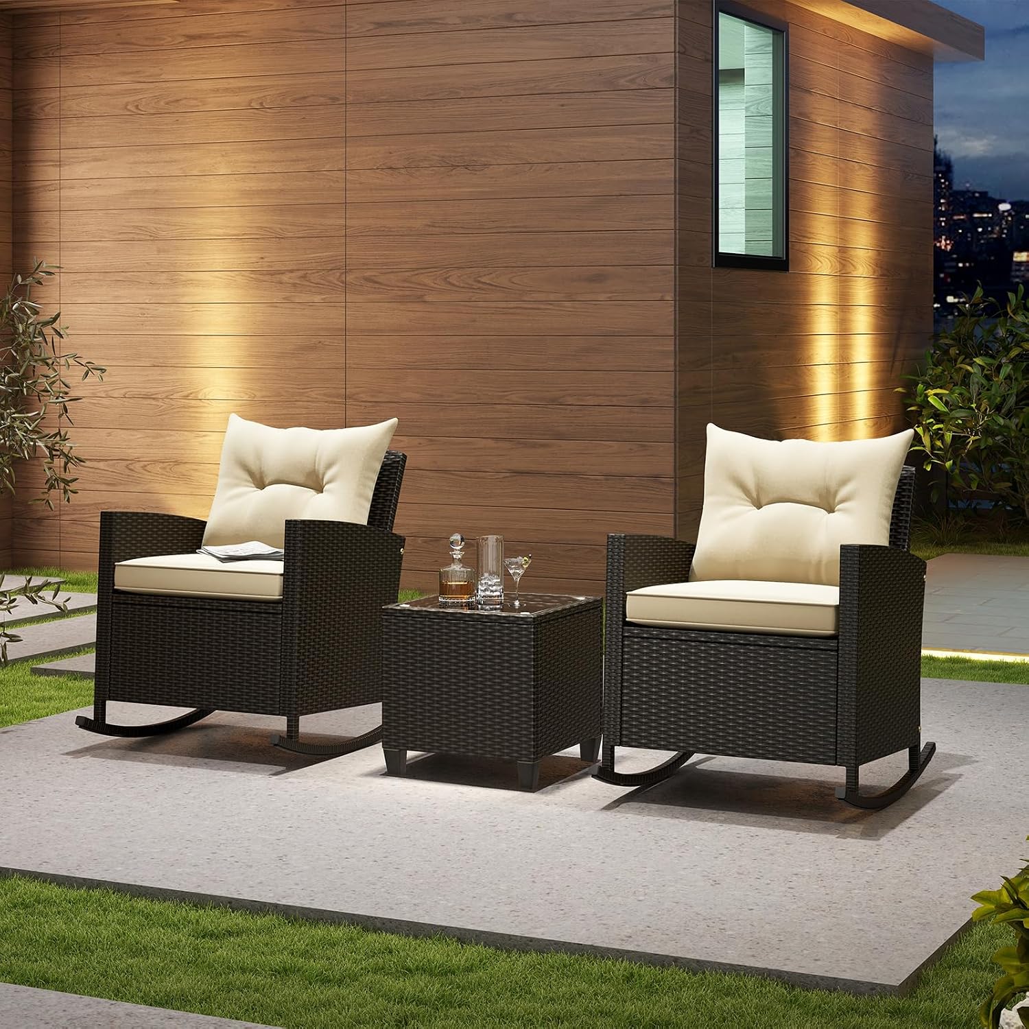 KOTEK 3 Piece Patio Furniture Rocking Bistro Set, Wicker Outdoor Rocking Chairs & Glass Table, PE Rattan Conversation Set for Porch, Balcony, Deck, Poolside (Mix Brown- Beige)