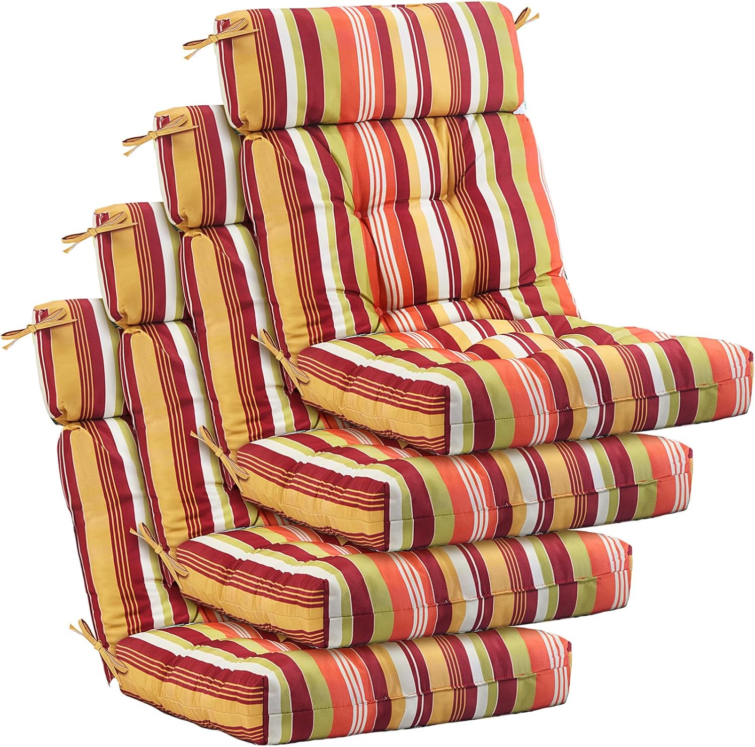 Barydat 4 Pcs Tufted High Back Chair Cushion Indoor Outdoor Seat and Back Cushions Palm Leaves Tropical Plants Lawn Rocking Chair Pads with Ties for Adirondack Patio Garden (Yellow Stripes)