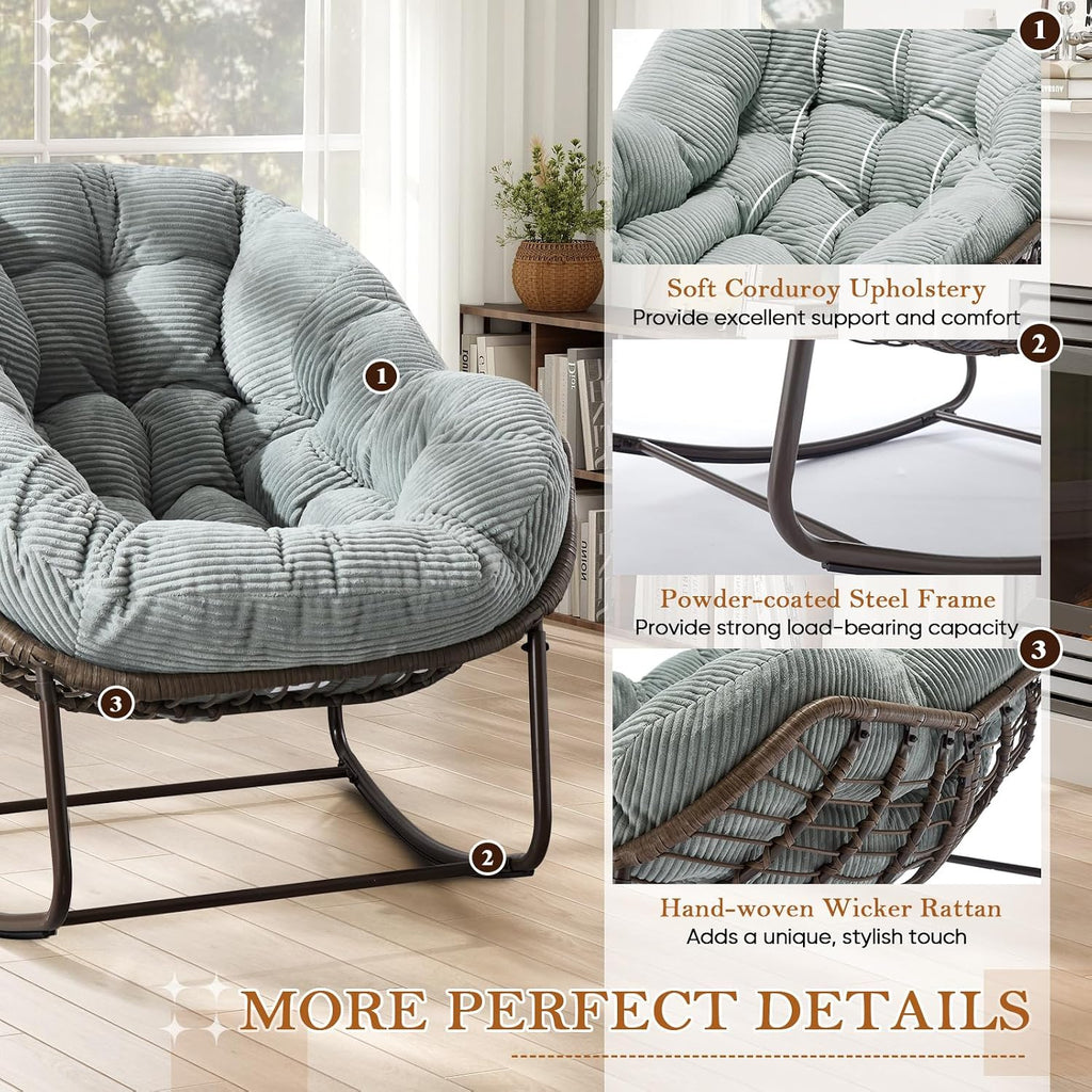 Outdoor Indoor Rocking Chair Set of 2, Oversized Patio Papasan Egg Chair with Padded Cushion, All Weather Wicker Egg Rocking Chairs, Comfy Large Rattan Rocker Lounge for Porch,Garden