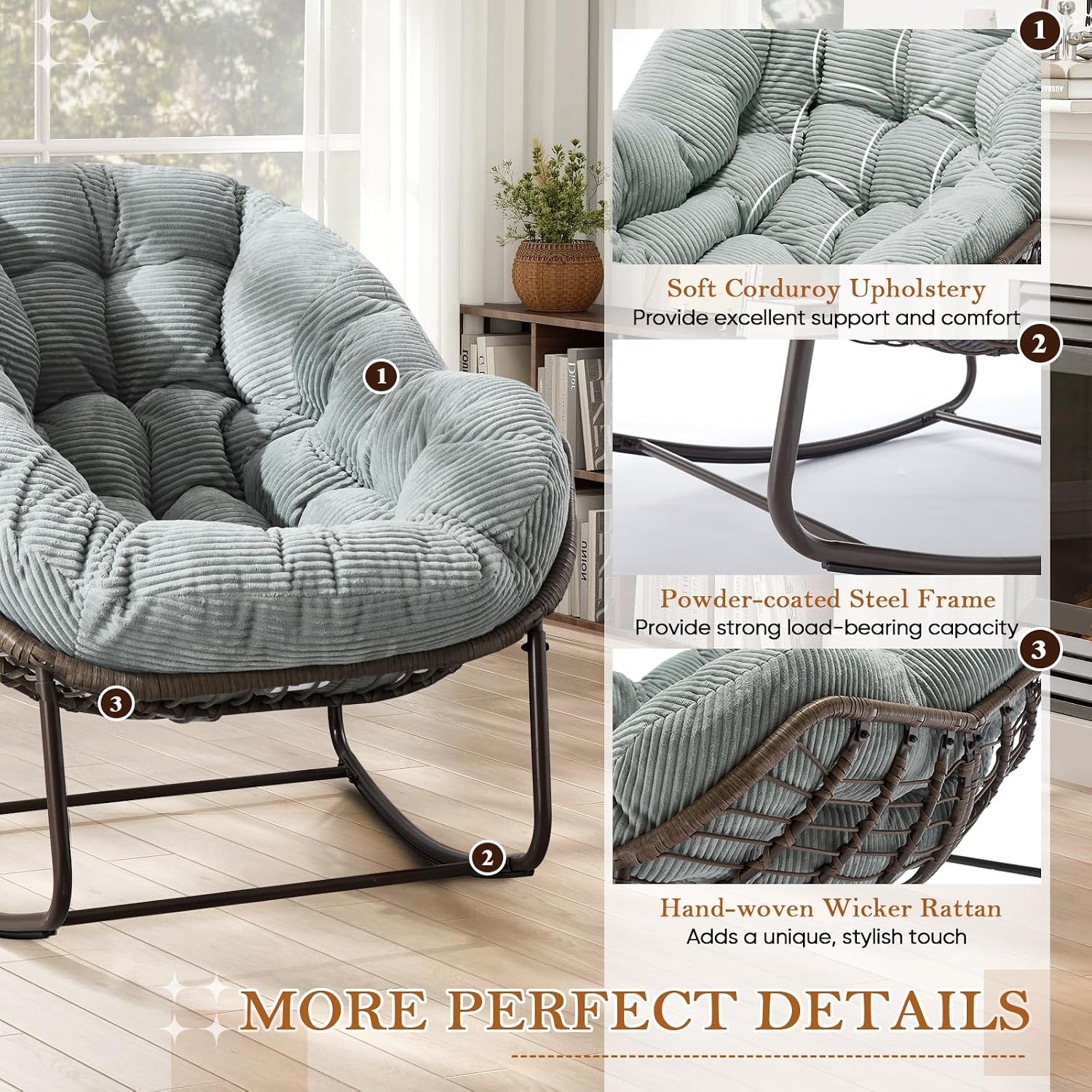 Outdoor Indoor Rocking Chair Set of 2, Oversized Patio Papasan Egg Chair with Padded Cushion, All Weather Wicker Egg Rocking Chairs, Comfy Large Rattan Rocker Lounge for Porch,Garden