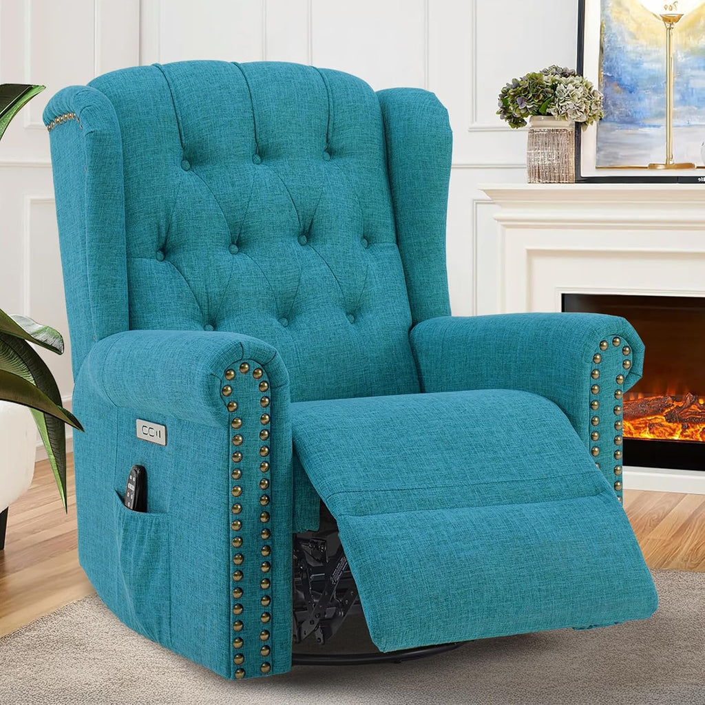 VIVIJASON Power Swivel Rocking Recliner Chair with Massage & Heat, Electric Rocker Glider Chair for Nursery, Wingback Tufted Upholstered Recliner W/Type-C & USB Ports for Living Room, Bedroom, Teal