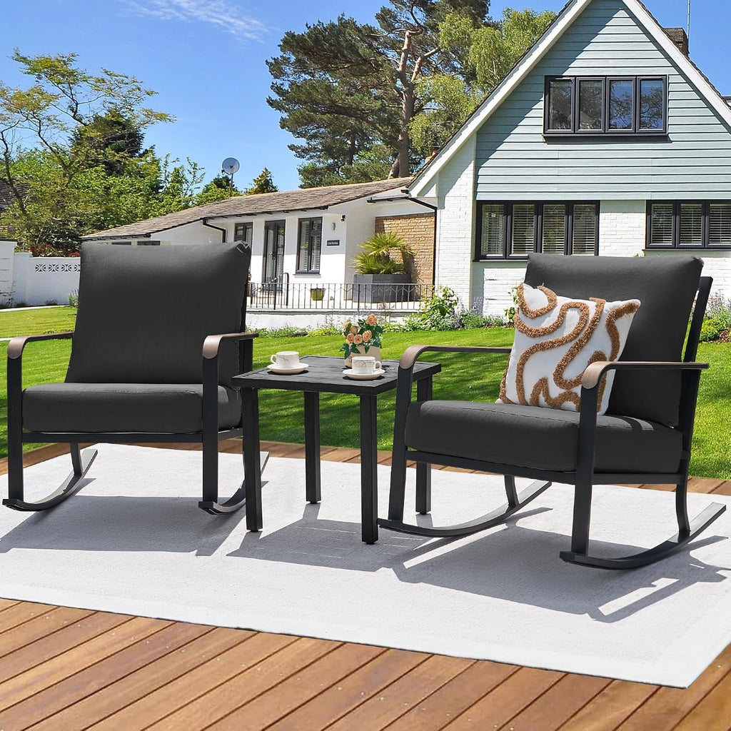 NATURAL EXPRESSIONS 3 Piece Patio Bistro Rocking Set, Outdoor Rocking Chairs with 350 lb Capacity, Thick 5.5' Olefin Cushions and Metal Coffee Table for Balcony, Porch, Backyard