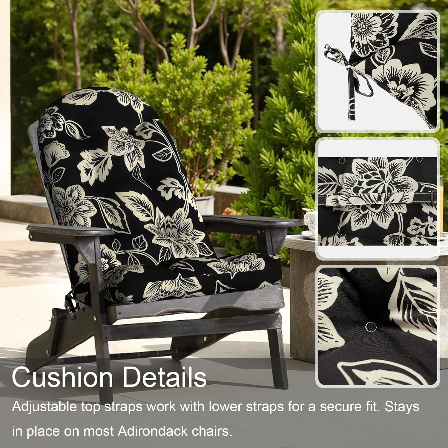 LVTXIII 2 Pack Outdoor Adirondack Chair Cushions, 44x19x4 Inch Water Repellent Patio Cushions for Rocking Chairs, Thick Tufted High Back Seat Cushion Set, Elegant Vines Black