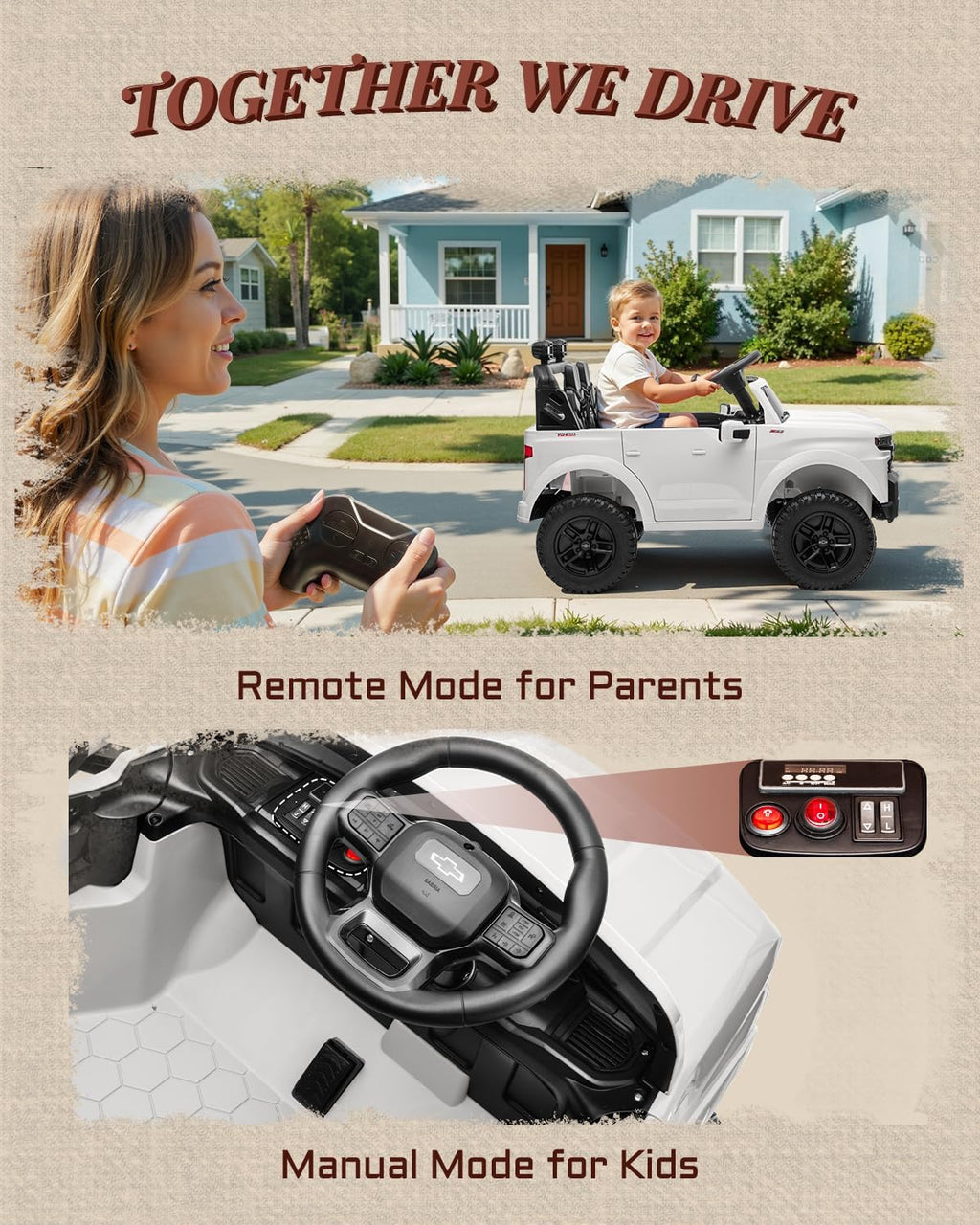 First Ride On 24V 2 Seater Ride on Car for Kids, Licensed Chevrolet Silverado Electric Car for Kids with Remote Control, Toddler Car with Bluetooth, LED Lights, Seat Belts and Spacious Design (White)