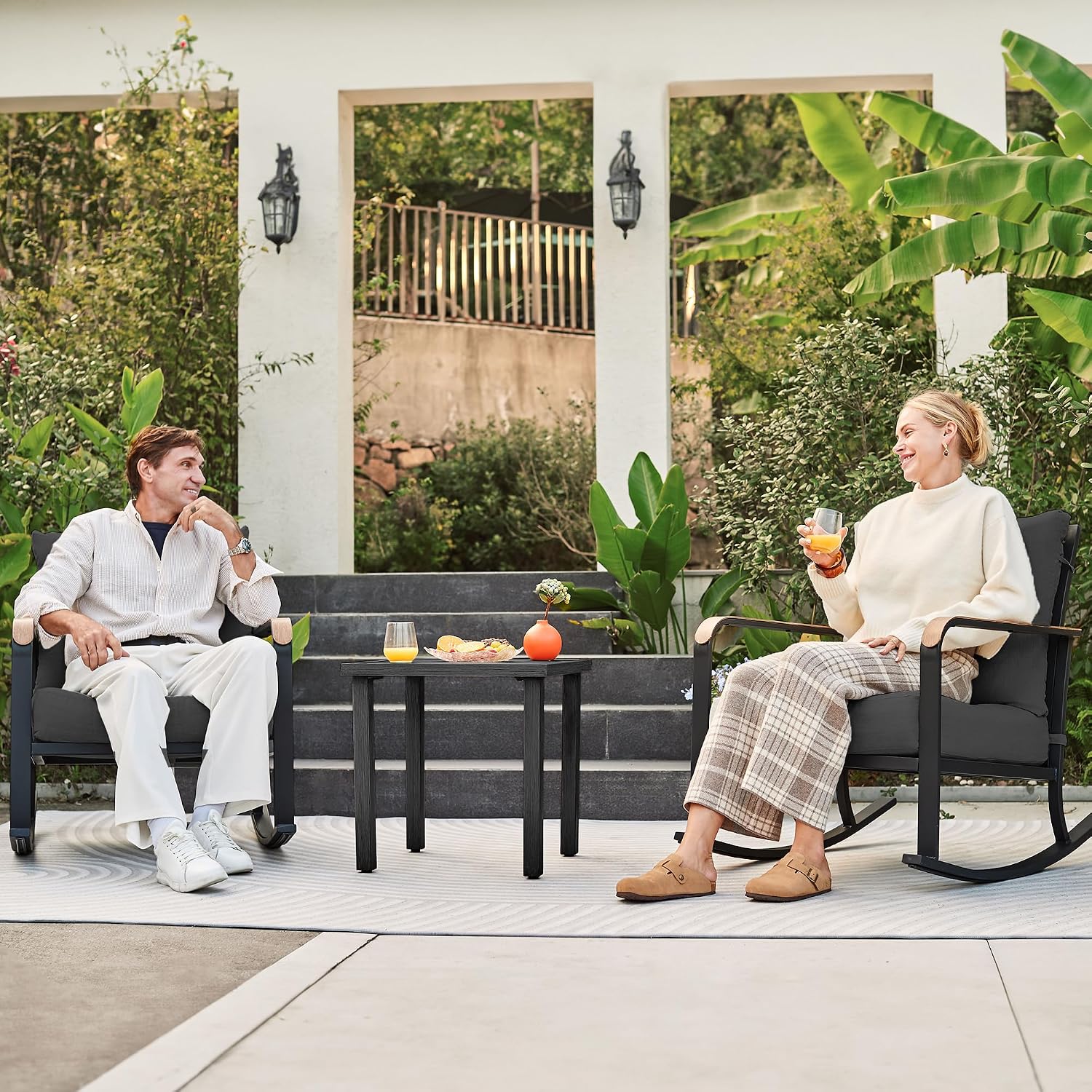 NATURAL EXPRESSIONS 3 Piece Patio Bistro Rocking Set, Outdoor Rocking Chairs with 350 lb Capacity, Thick 5.5' Olefin Cushions and Metal Coffee Table for Balcony, Porch, Backyard