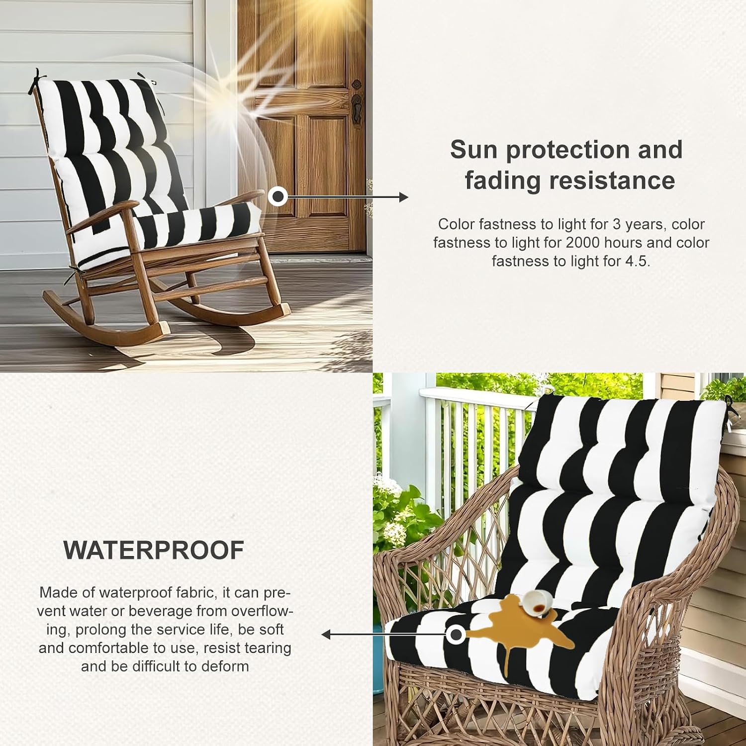 Outdoor High Back Chair Cushions 2-Pack, 44'x22'x 4' Fade-Resistant Waterproof Tufted Pads with Ties for Patio Rocking & Adirondack Chairs (Black White)