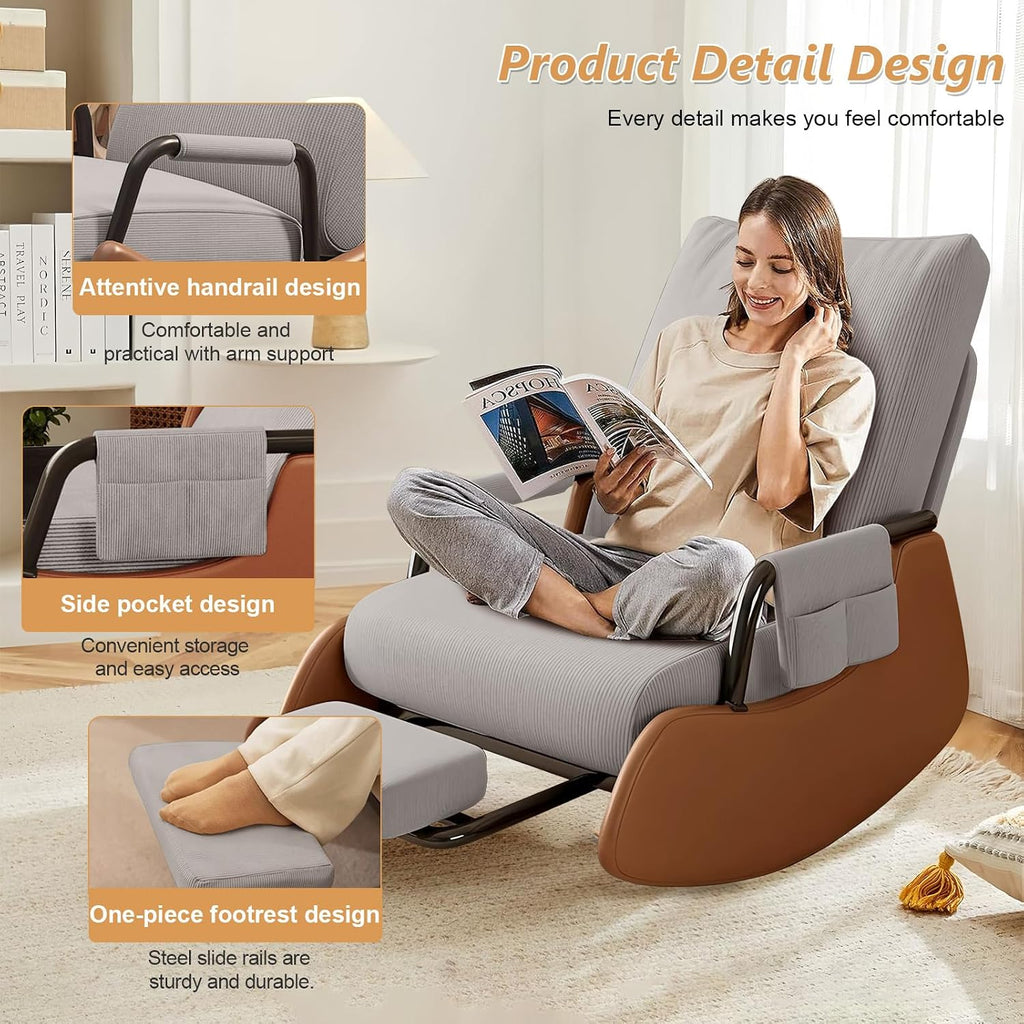 JPBSTO Rocking Chair Nursery, Upholstered Glider Rocking Chair with Side Pocket and Adjustable High Backrest, Foldable Rocker Recliner with Footrest Perfect for Living Room Bedroom, Grey