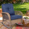 MEETWARM Outdoor Wicker Rocking Chair, Rattan Patio Rocker Chairs with Cushions and High Back, All-Weather Patio Wicker Chair with Safe Rocking Design for Garden Backyard Porch, Brown/Navy Blue