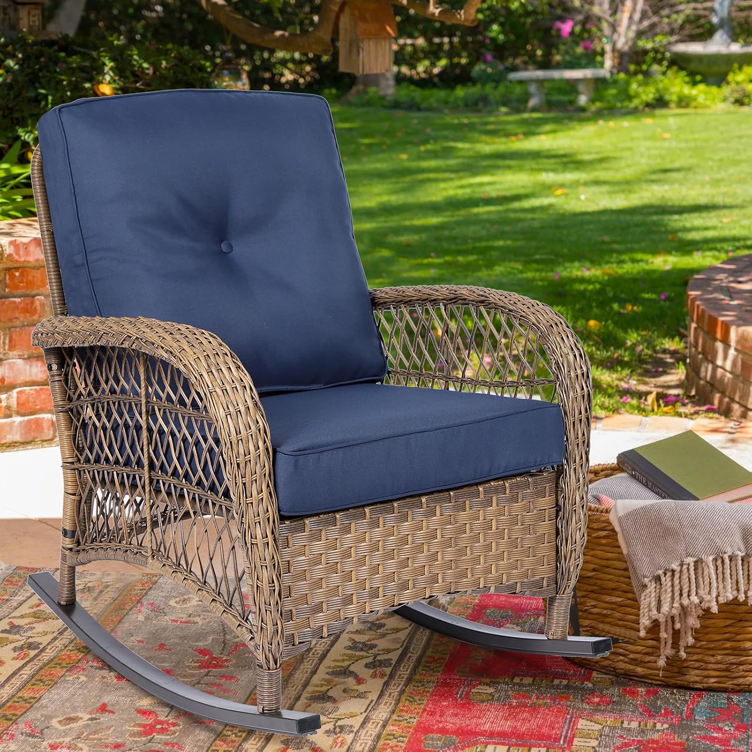 MEETWARM Outdoor Wicker Rocking Chair, Rattan Patio Rocker Chairs with Cushions and High Back, All-Weather Patio Wicker Chair with Safe Rocking Design for Garden Backyard Porch, Brown/Navy Blue
