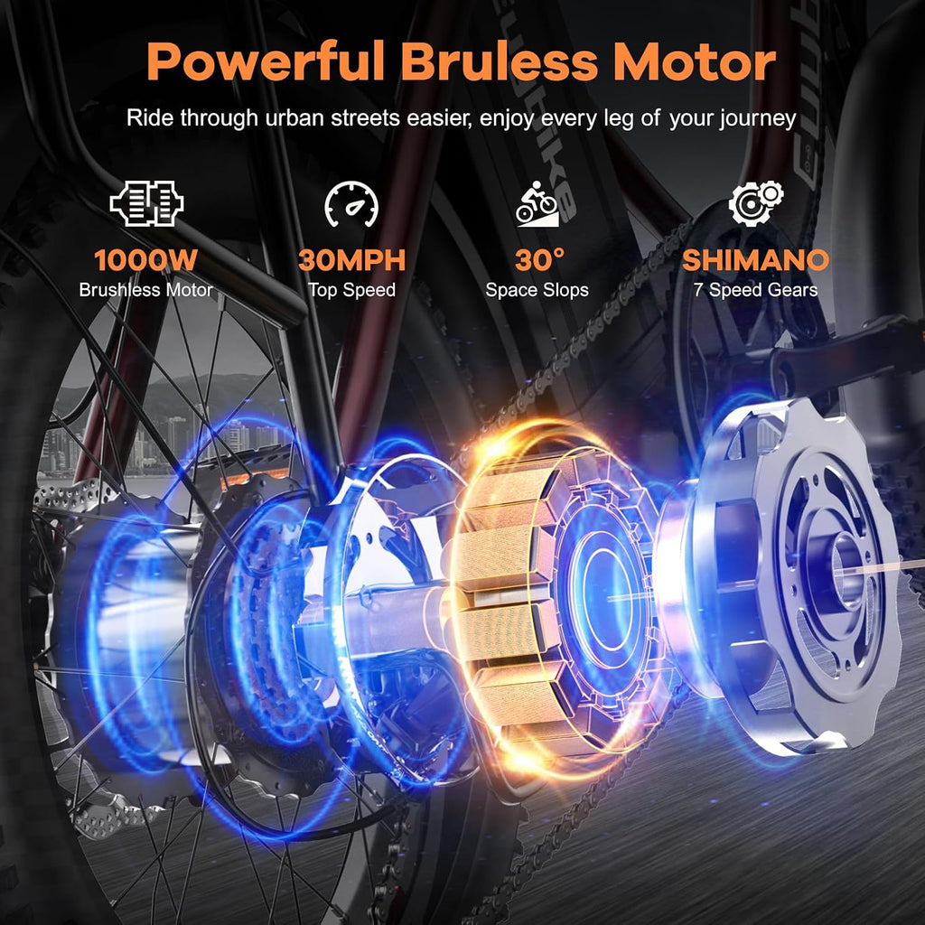 Auloor Foldable Electric Bike for Adults, Peak 1000W Brushless Motor 70Miles City Commuter Ebike, 48V 20AH Lithium Battery, 20' Fat Tire 7-Speed E-Bicycle with Front Suspension Colourful LCD Display