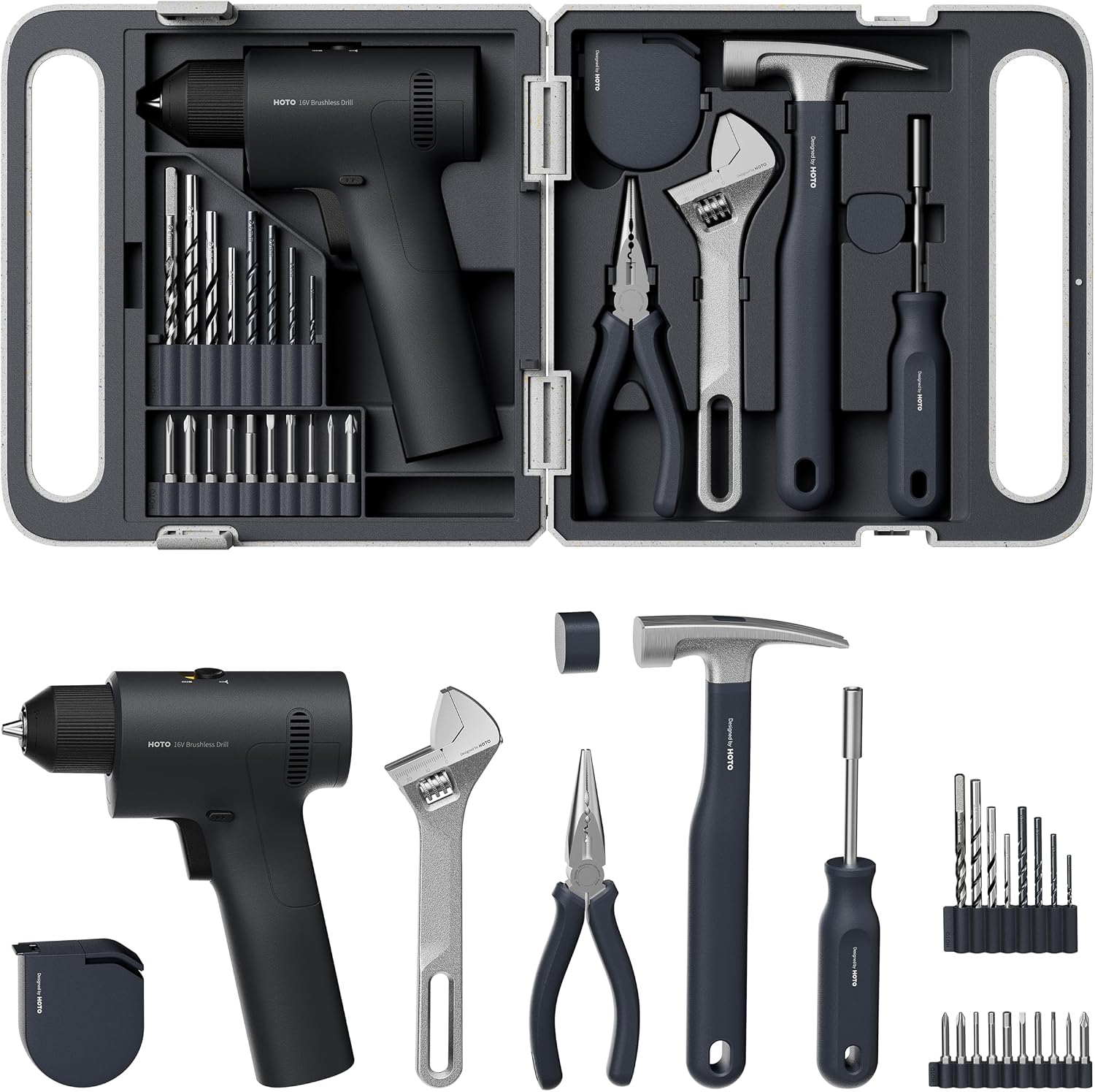 HOTO 25PCS Household Tool Kit with 16V Brushless Drill, 3/8' Keyless Chuck, Smart Display, 50 N·m Torque, 32 Torque Settings, LED Light, Includes Hammer, Wrench, Pliers, 8 x Drill Bits, 10 x Bits