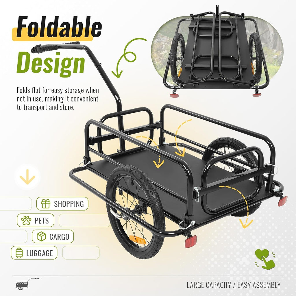 Kojem Foldable Bike Cargo Trailer, Heavy-Duty Storage Bicycle Trailer 110 lbs Capacity, 16IN Wheel Bike Wagon Cart, with Universal Hitch and Foldable Frame, Fit for Pet, Shopping, Park Picnics