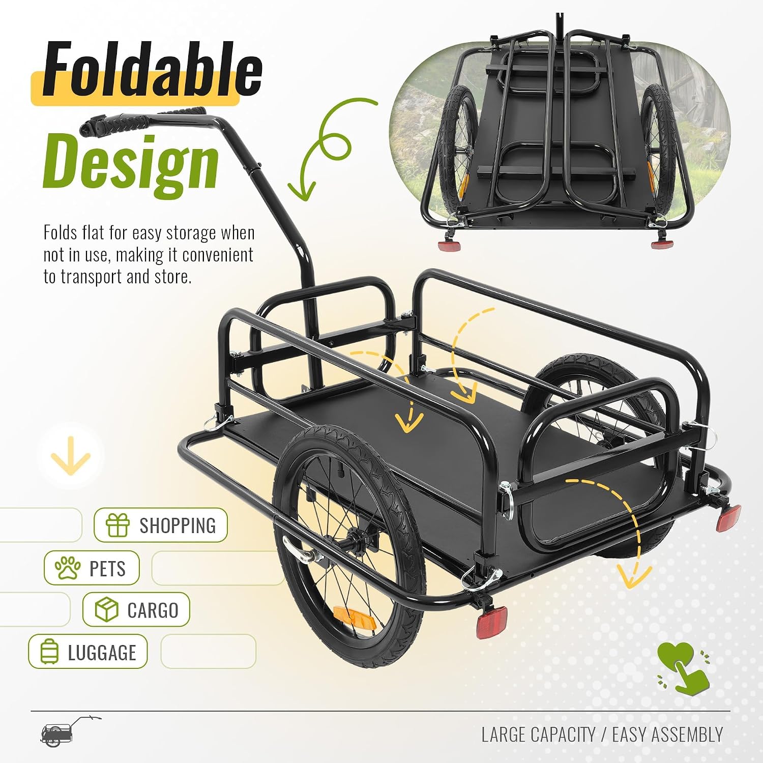 Kojem Foldable Bike Cargo Trailer, Heavy-Duty Storage Bicycle Trailer 110 lbs Capacity, 16IN Wheel Bike Wagon Cart, with Universal Hitch and Foldable Frame, Fit for Pet, Shopping, Park Picnics
