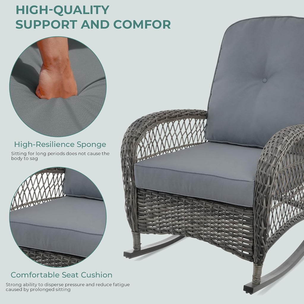 Wicker Rocking Chair Set of 2, 3-Piece Outdoor Patio Rocker Chair with Cushions & Steel Frame, All-Weather Outdoor Rattan Rocking Chair with Side Table for Lawn Porch Garden (Grey, Style 3)