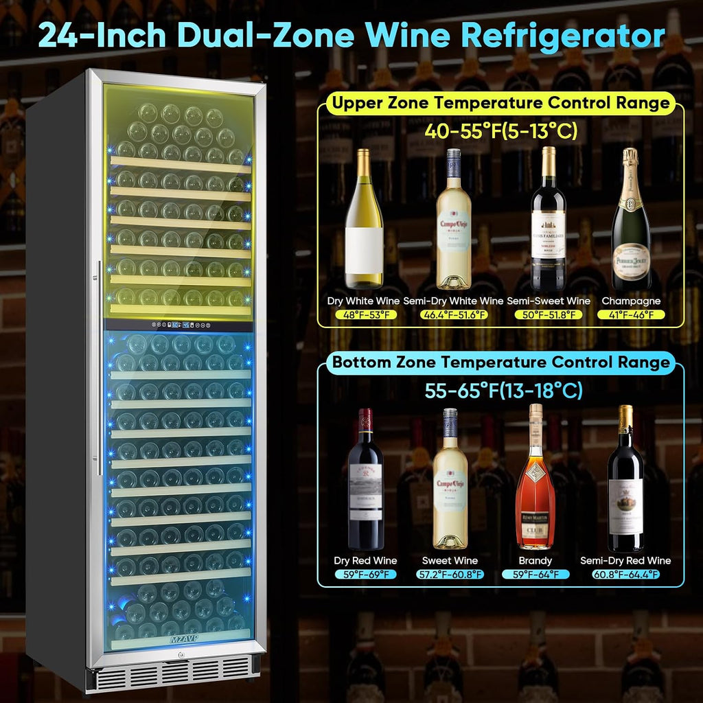 200 Bottle Wine Fridge Dual Zone, 24 Inch Wine Cooler Refrigerator Freestanding or Built-in, Professional Wine Cellar with Advanced Temperature Control and Compressor Cooling, Quiet Operation