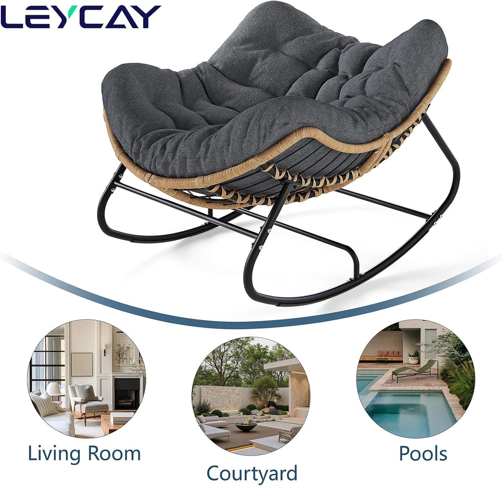 LEYCAY Outdoor Rocking Chair, Oversized Papasan Chair, Indoor Comfy Lounge Rocker with Cushion for Patio, Living Room, Porch, Balcony-Dark Grey