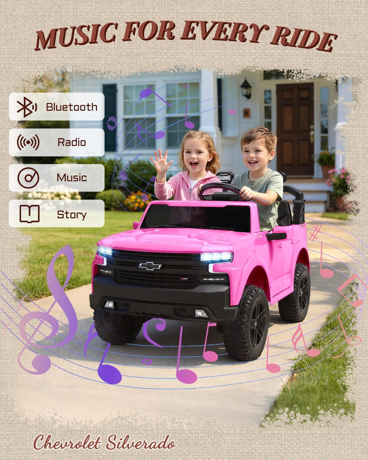First Ride On 24V Ride on Toys for Big Kids, 2 Seater Licensed Chevrolet Silverado Ride on Car, Electric Car for Kids with Parent Remote Control, Bluetooth, LED Lights and Seat Belts (Pink)