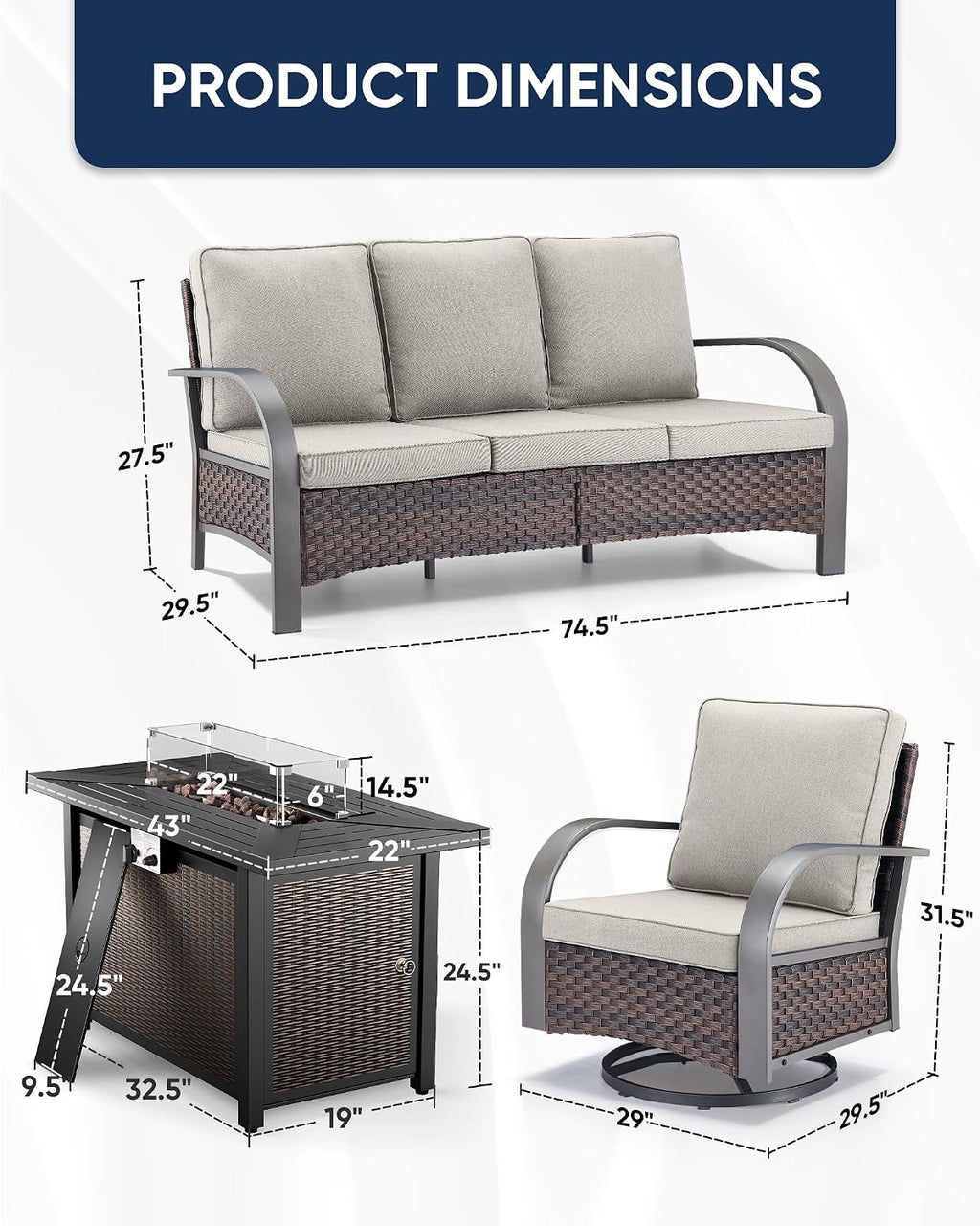 HUMMUH Patio Furniture Set with Fire Pit-Outdoor Swivel Glider Rocking Chair with Patio Sofa Outdoor Conversation Furniture for Deck Porch Garden Poolside Backyard-Brown/Beige