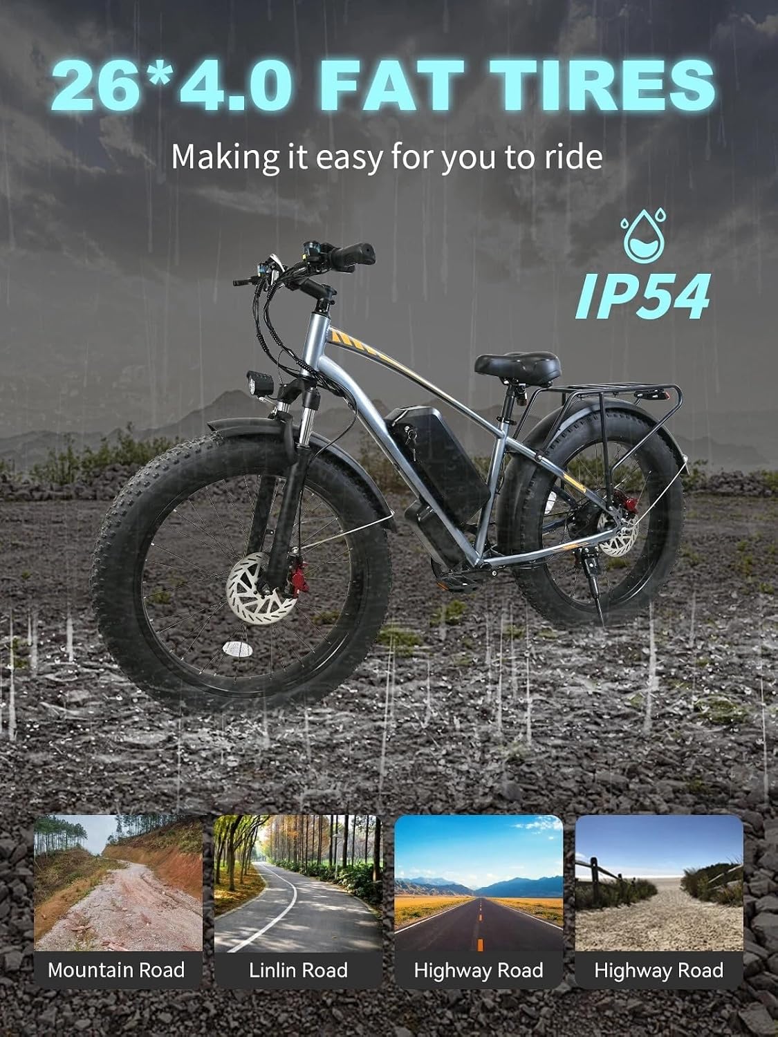 F01 Electric Bike for Adults with 1000W Motor, 48V 18.2AH Removable Battery, 26' Electric Bicycle Fat Tire E-Bike 30MPH Mountain Beach Snow E-Bike, 7 Speed Gear.Safety Tested to UL 2849