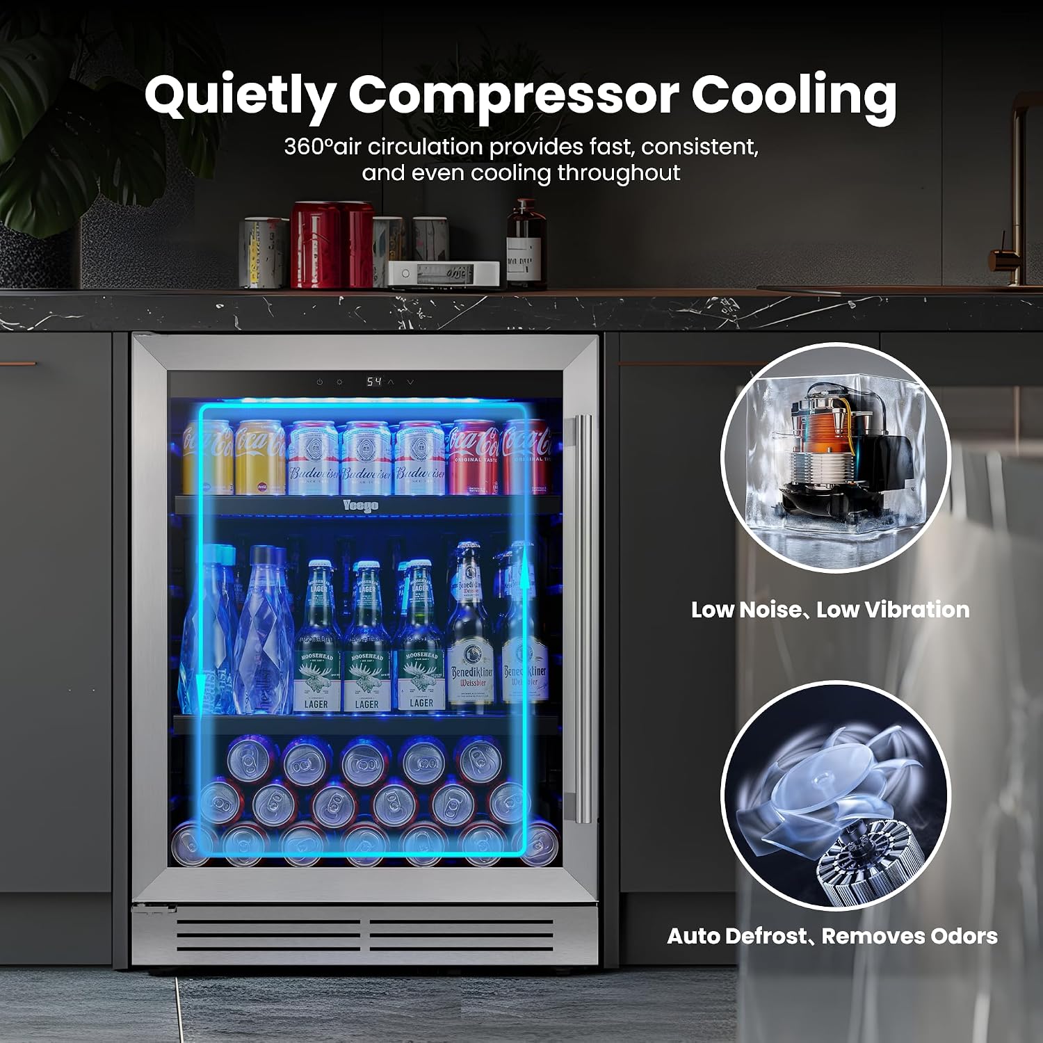 Yeego Beverage Refrigerator Cooler - 24 inch 180 Cans Mini Fridge with Glass Door, 34-54 ℉ Under Counter Refrigerator Built-in for Wine Beer Soda for Bar Bedroom Office(Left-Hinged)