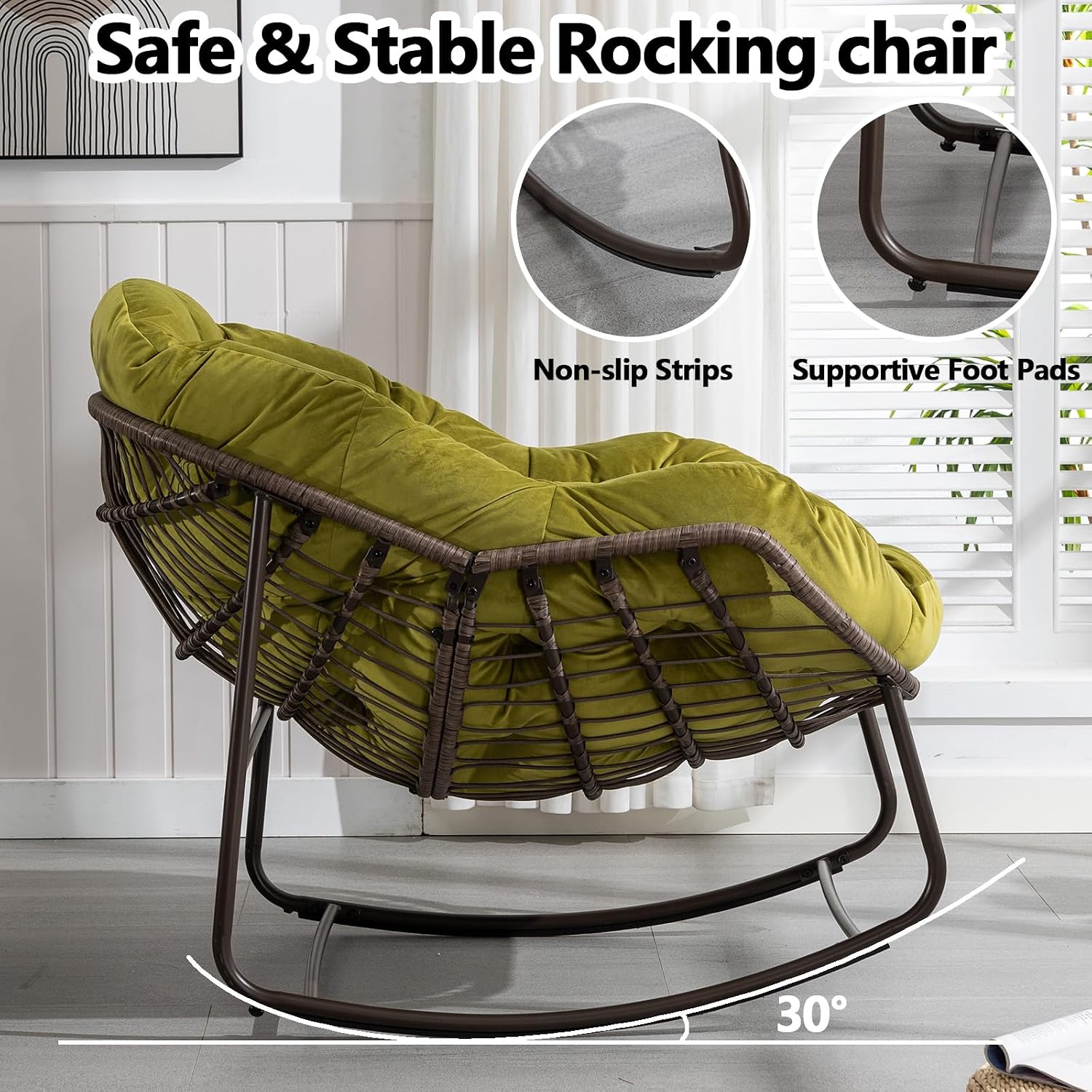 HRVEOCEI Papasan Rocking Chair with Cushion and Frame, Oversized Rocking Chair Indoor/Outdoor, Circle Chairs for Patio Garden Front Porch, Corduroy/Velvet (Olive)