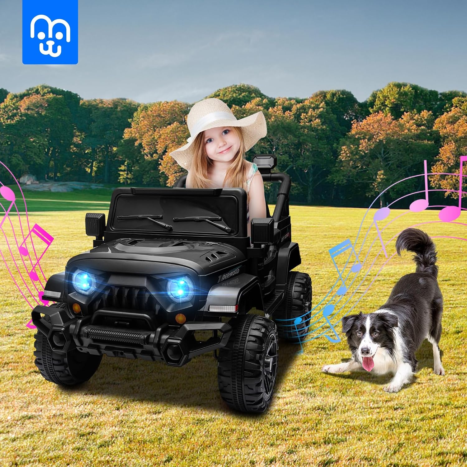 MINIATURE MOTORS 24V Kids Electric Ride on Truck Car with Remote Control, Twin 55W Motors 4MPH Max Speed, Bluetooth Music Player, 4 Wheels Suspension LED Lights Safety Belt, Gift for Boys Girls-Black