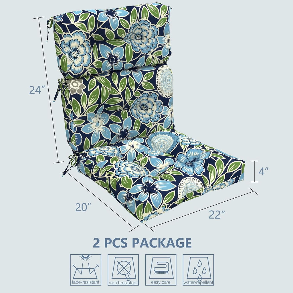 LVTXIII Outdoor Seat/Back Chair Cushion Patio Tufted High Back Cushion, Seasonal Replacement Rocking Chair Cushion with Ties, 22' W x 20D, Set of 2, Azure Botanical Symphony‌