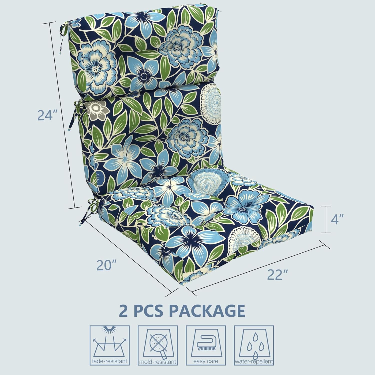LVTXIII Outdoor Seat/Back Chair Cushion Patio Tufted High Back Cushion, Seasonal Replacement Rocking Chair Cushion with Ties, 22' W x 20D, Set of 2, Azure Botanical Symphony‌