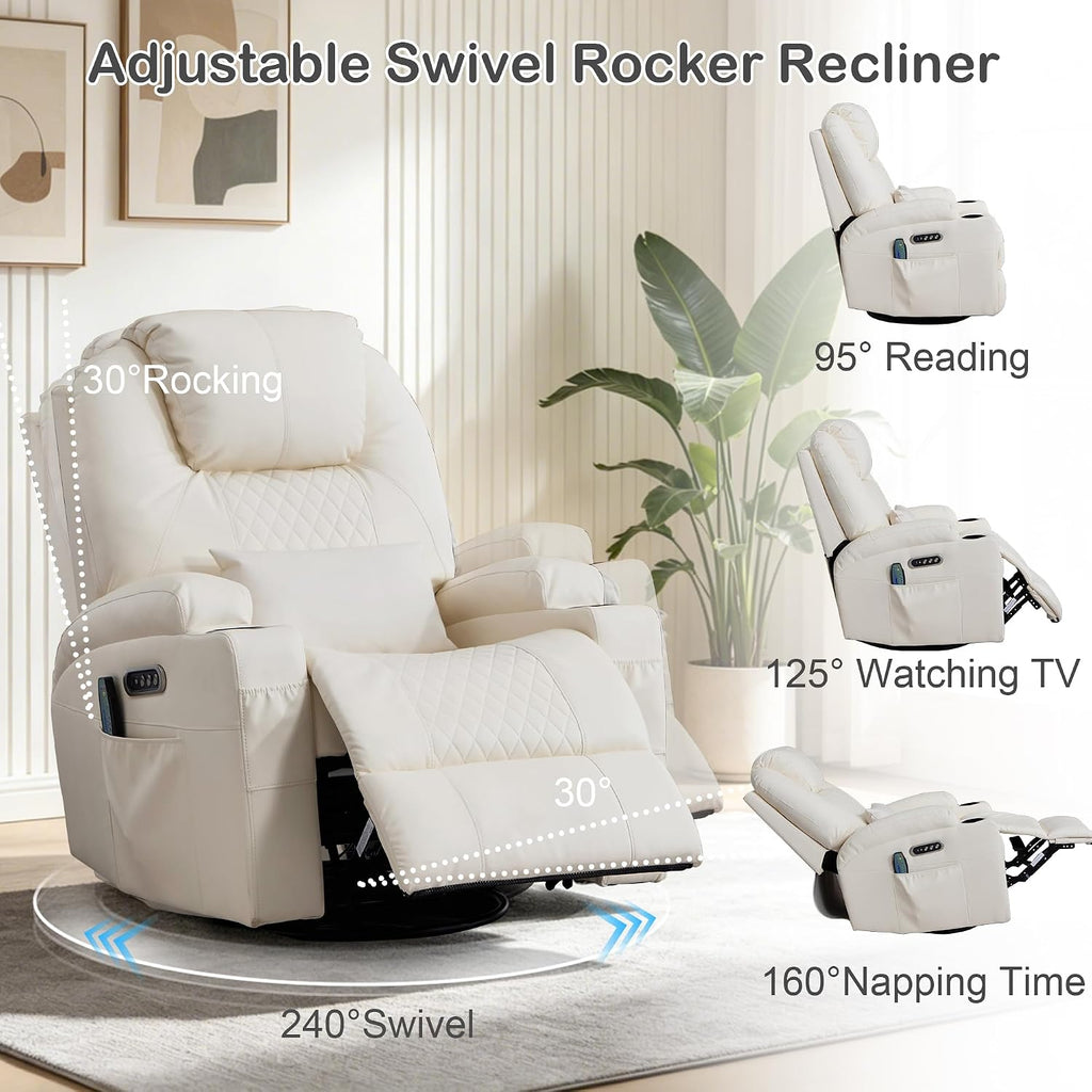 Power Swivel Rocker Recliner with Dual Motor, 240° Electric Glider Recliner with Heat & Massage, Rocking Chair Theater Seating with LED/Lumbar Pillow/USB Port/Cup Holders（Faux Leather Beige, 1）